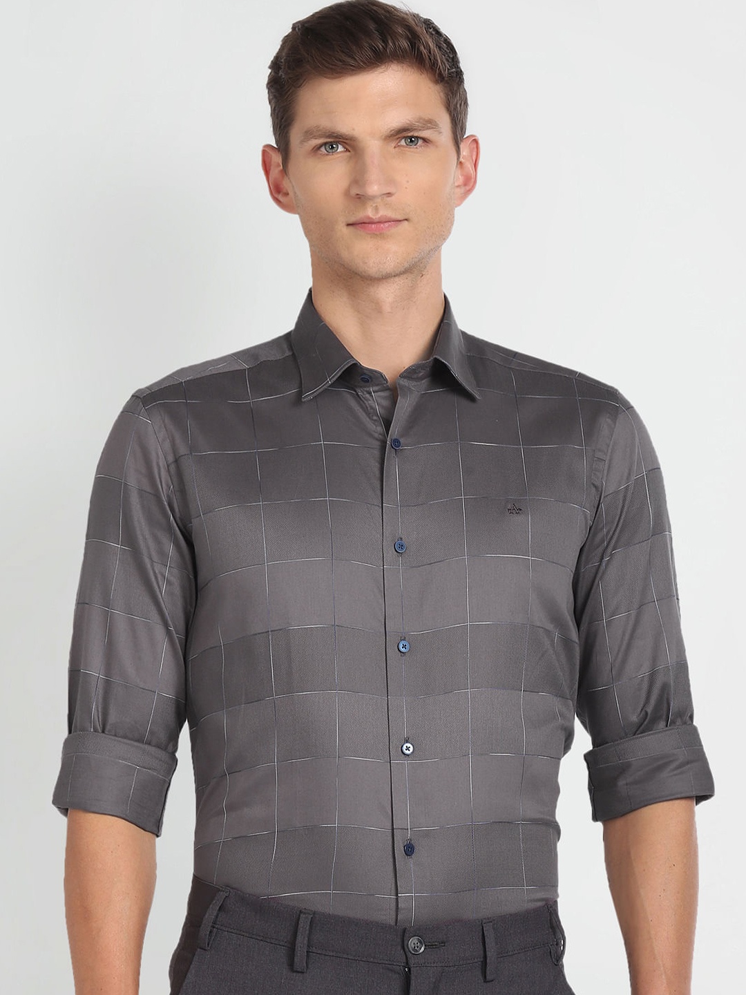 

Arrow New York Slim Fit Windowpane Checked Pure Cotton Formal Shirt, Grey