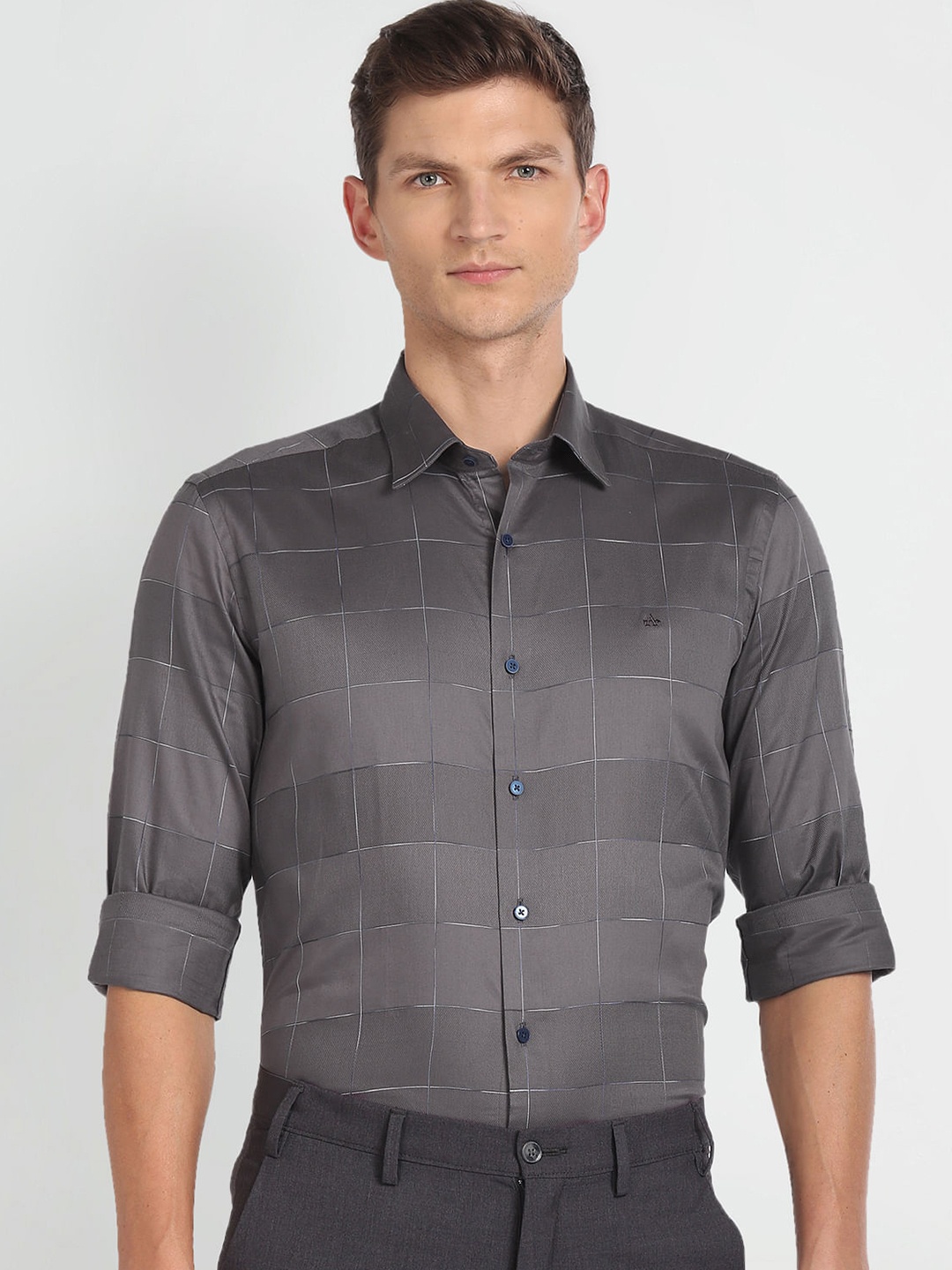 

Arrow New York Slim Fit Windowpane Checked Formal Shirt, Grey