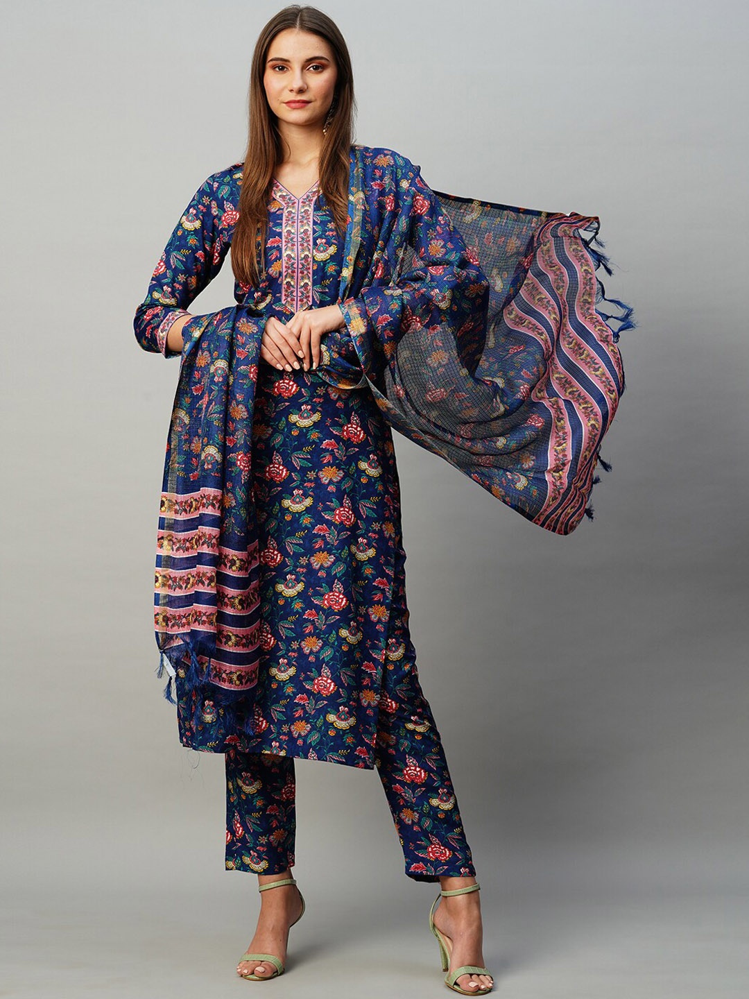 

KALINI Floral Printed V-Neck Straight Kurta & Trouser With Dupatta, Navy blue