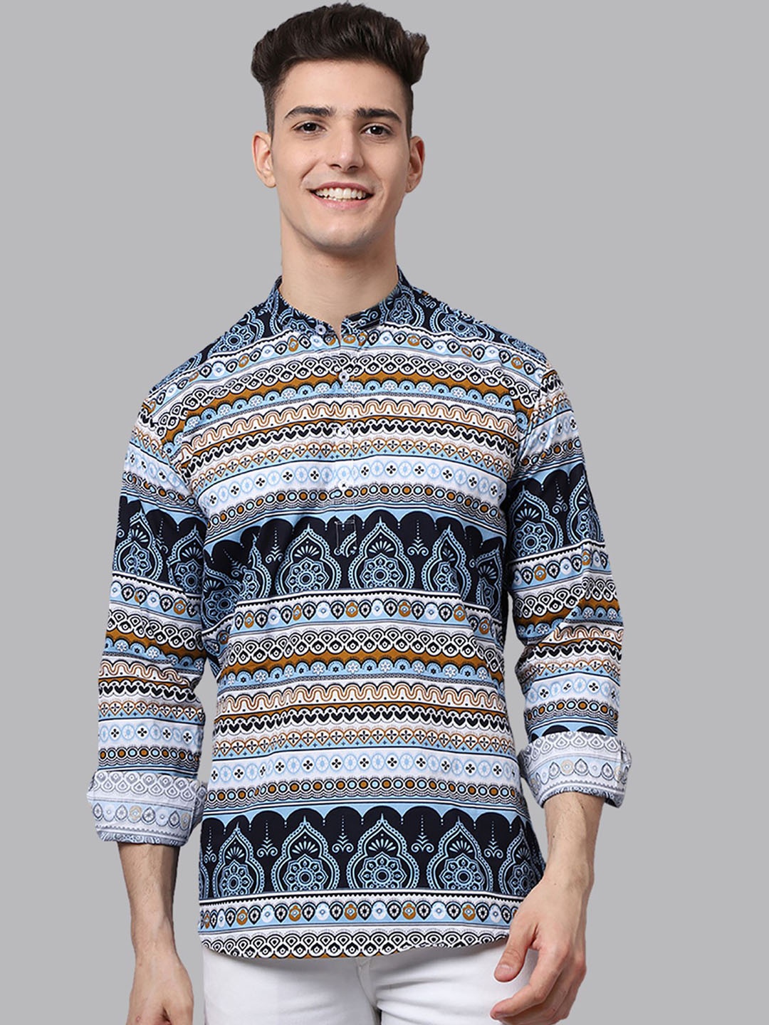 

Majestic Man Ethnic Motifs Printed Band Collar Pure Cotton Kurta, Blue