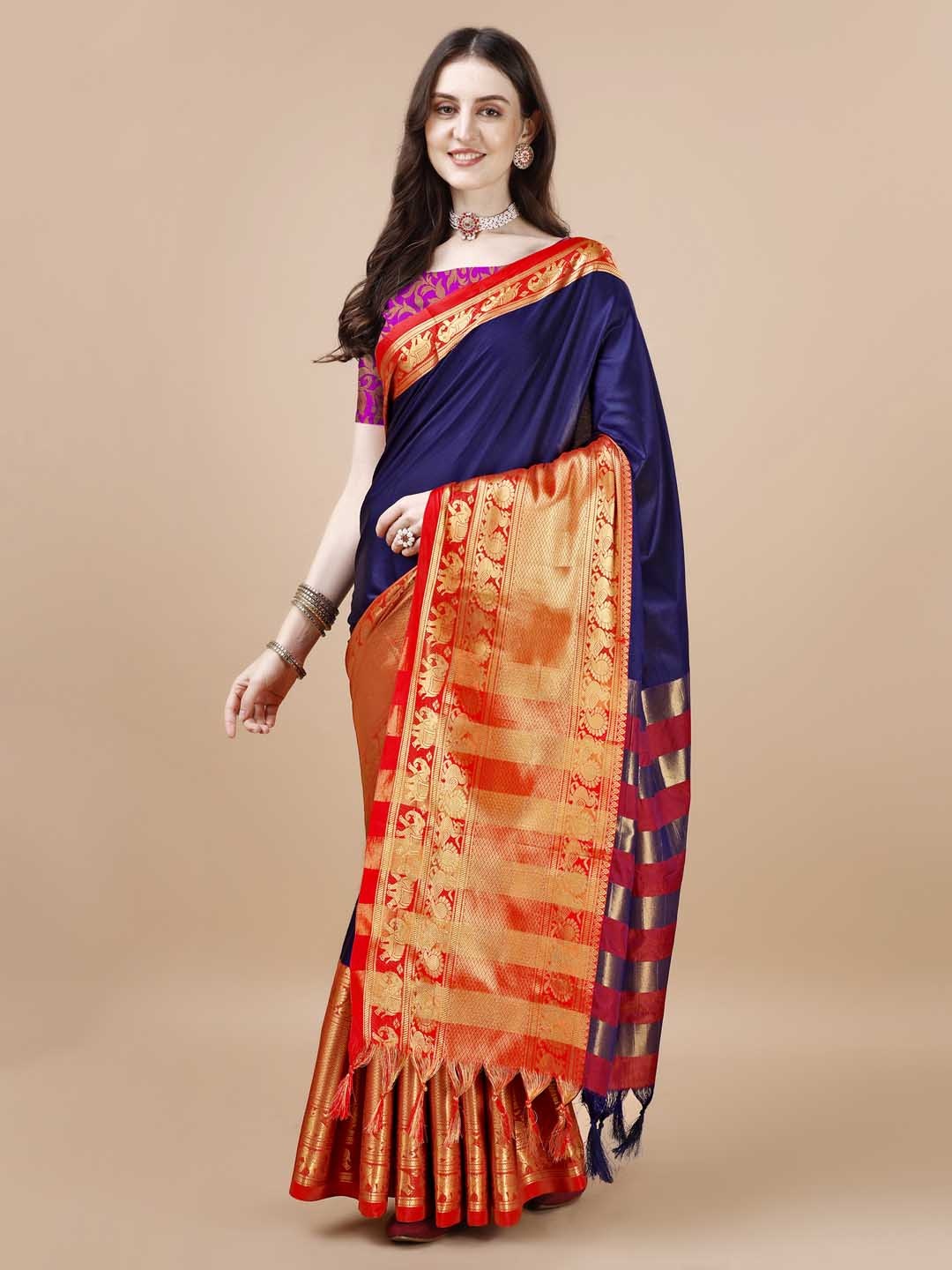 

Mitera Navy Blue & Red Ethnic Motifs Woven Design Zari Silk Cotton Banarasi Saree