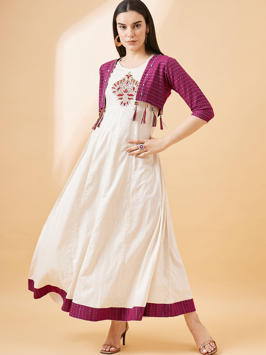 

all about you Embroidered A-Line Panalled Gown With Jacket, Off white