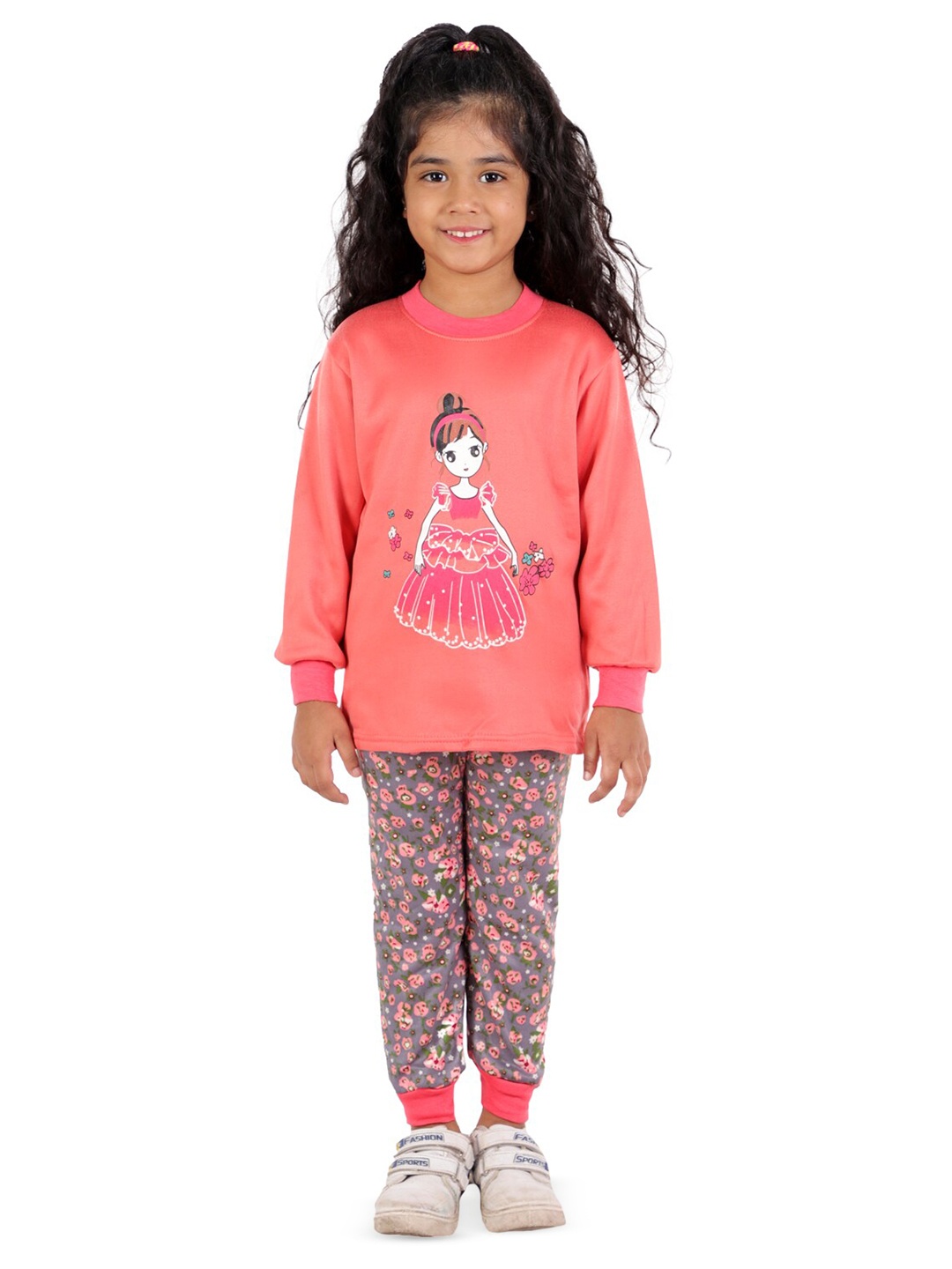 

ahhaaaa Girls Graphic Printed Round Neck Sweatshirt with Joggers, Peach