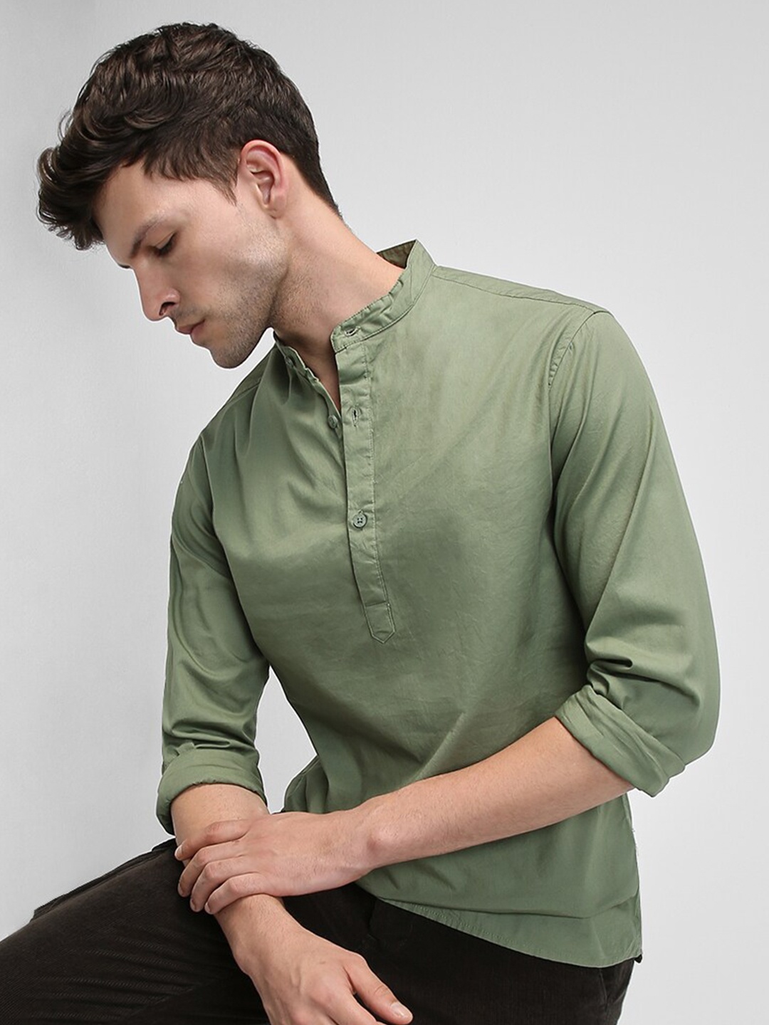 

Dennis Lingo Slim Fit Band Collar Cotton Casual Shirt, Green