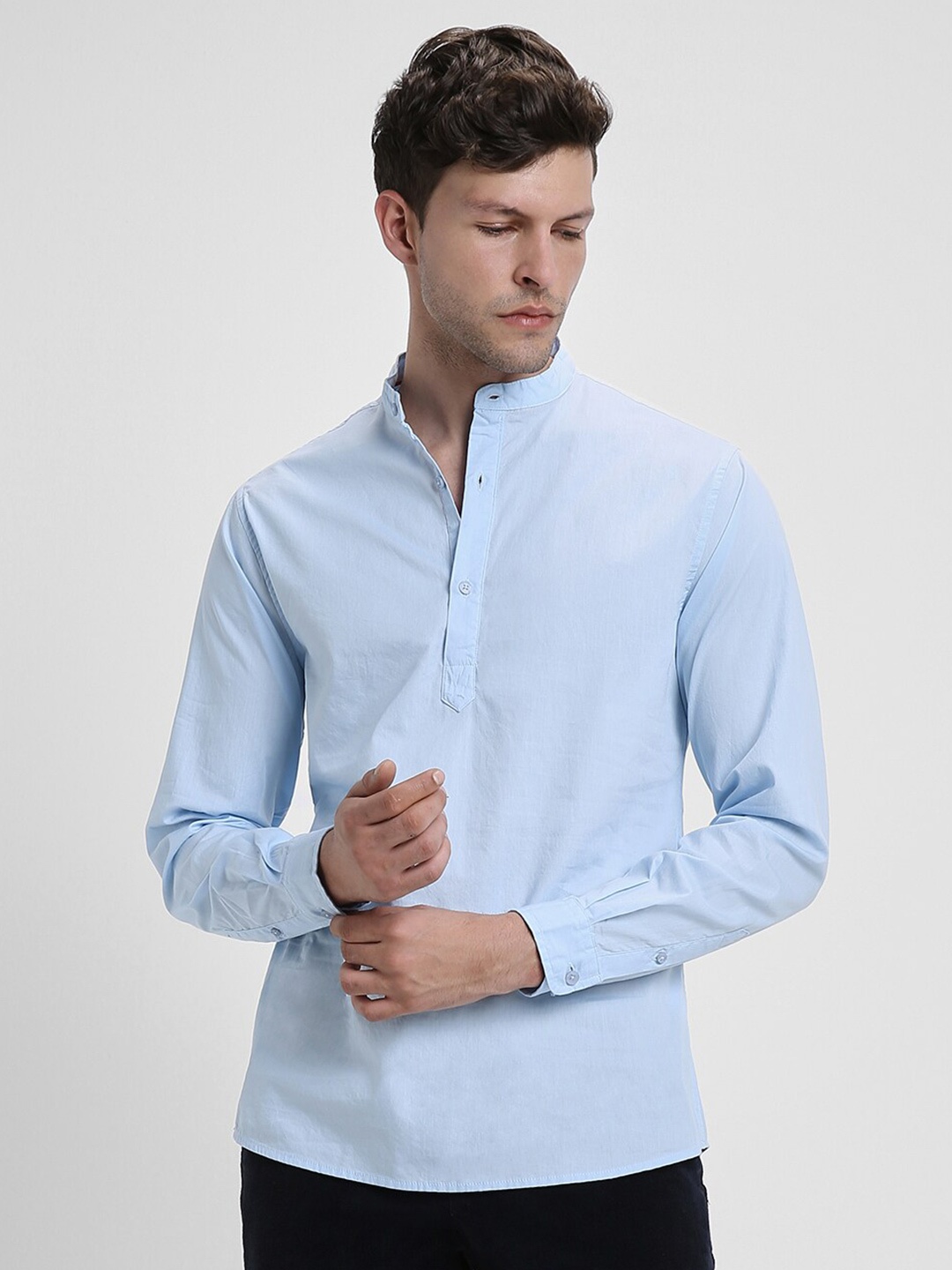 

Dennis Lingo Mandarin Collar Slim Fit Cotton Casual Shirt, Blue