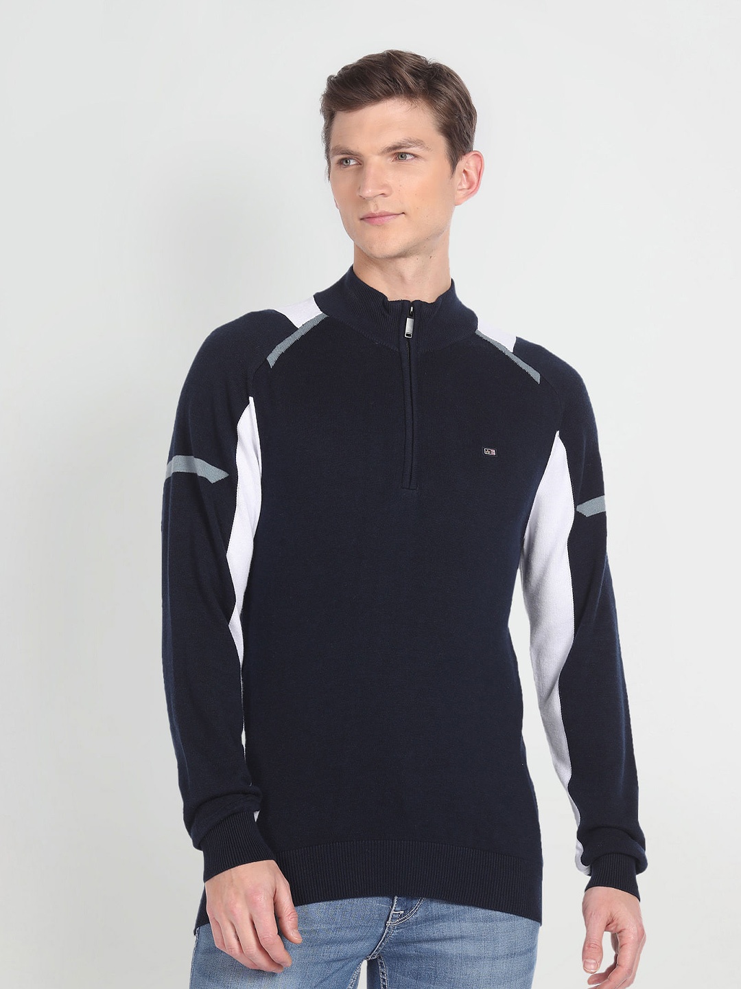 

Arrow Sport Colourblocked Mock Collar Long Sleeves Pullover, Navy blue