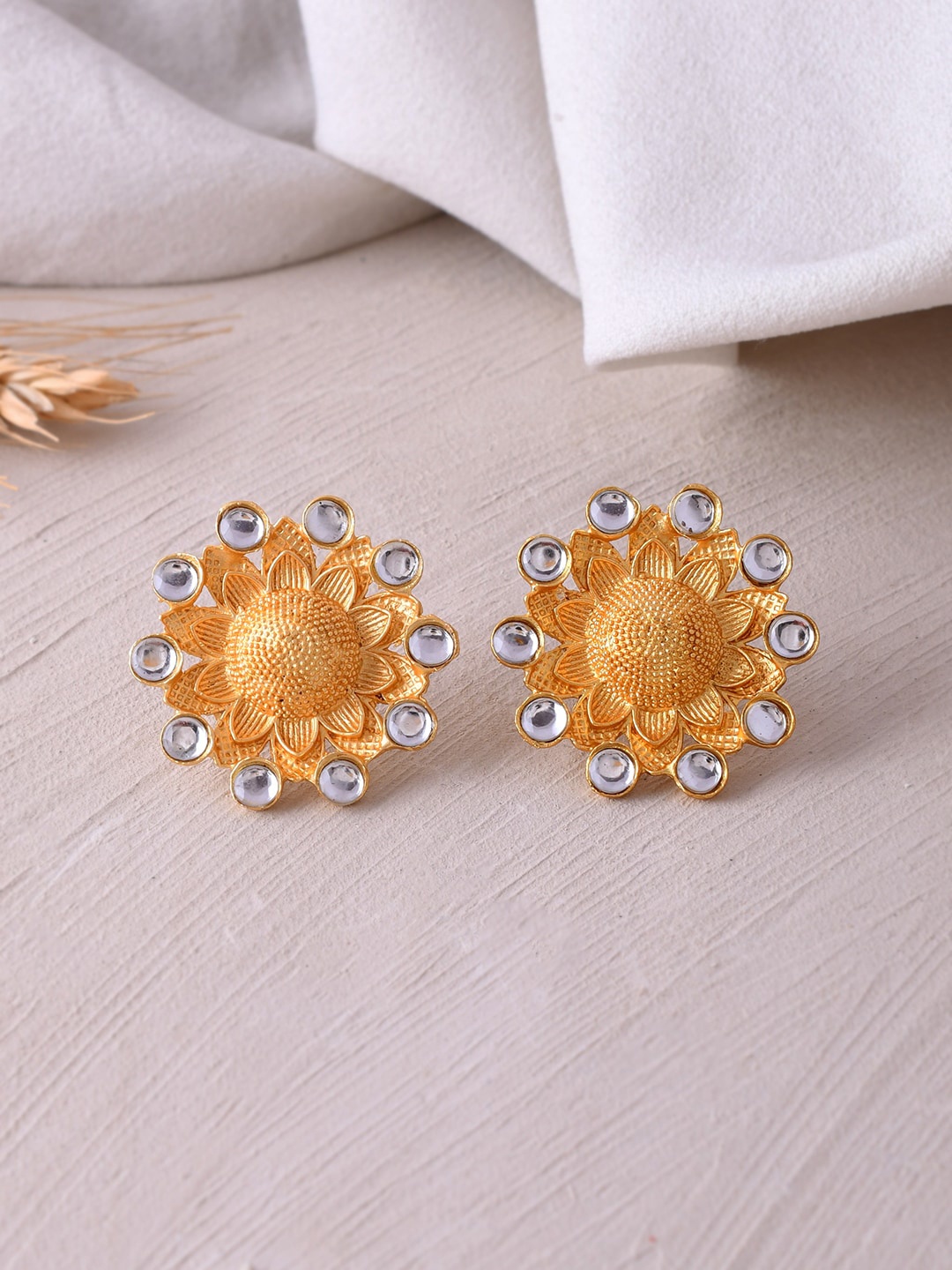 

Silvermerc Designs Gold-Plated Stones Studded Floral Studs Earrings