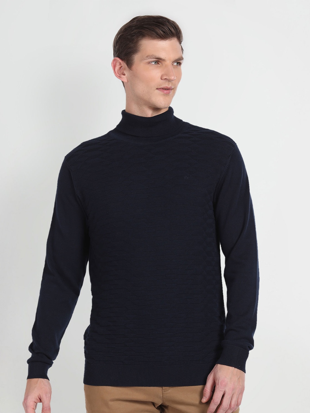 

Arrow Self Design Turtle Neck Pullover Sweaters, Blue