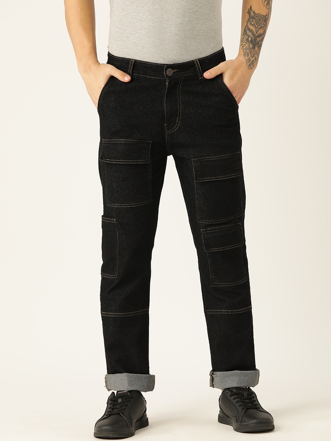 

PARIS HAMILTON Men Utility Style Relaxed Fit Stretchable Light Fade Denim Cargo Jeans, Black