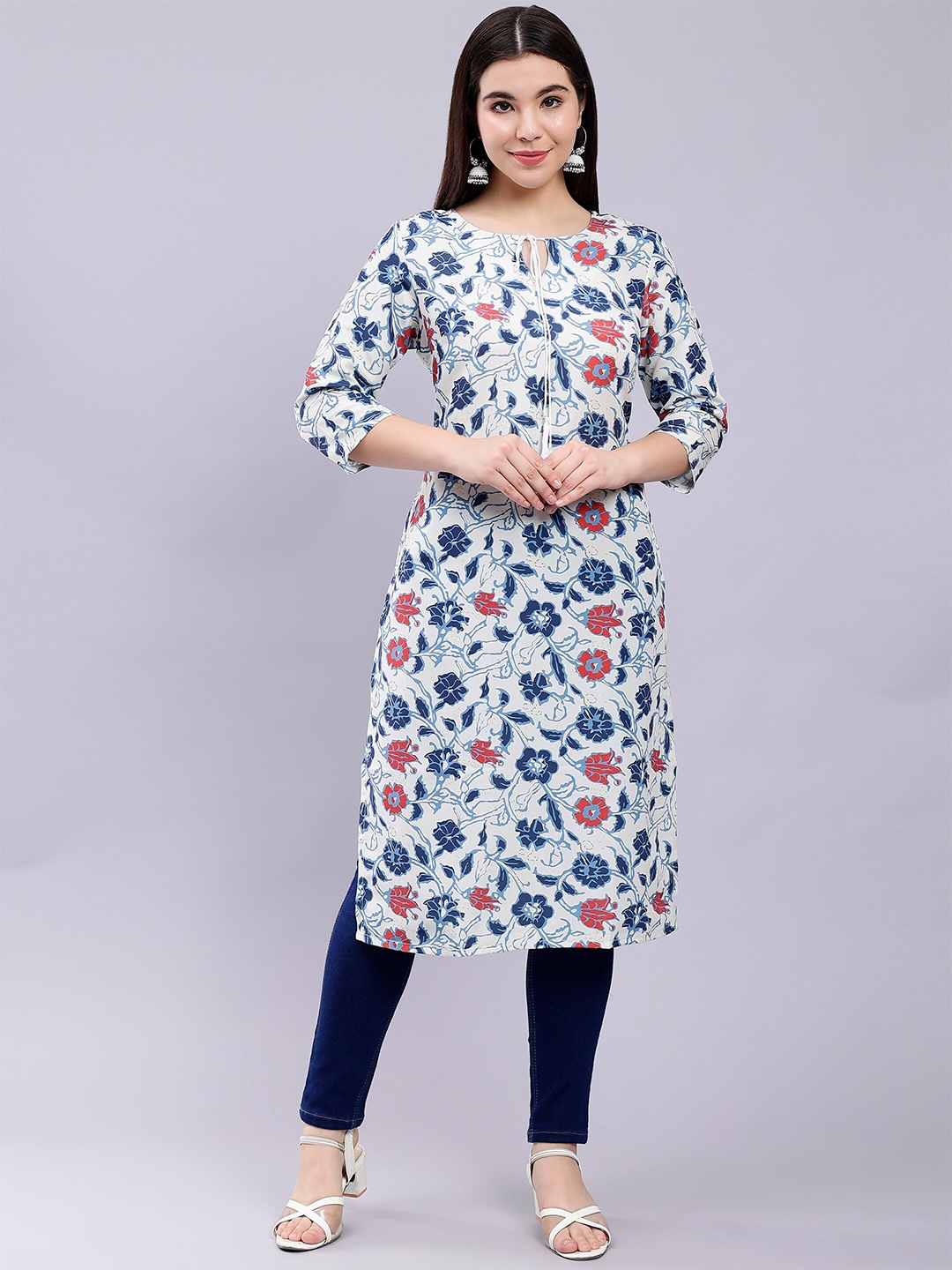 

soan Floral Printed Tie-Up Neck Straight Kurta, Blue