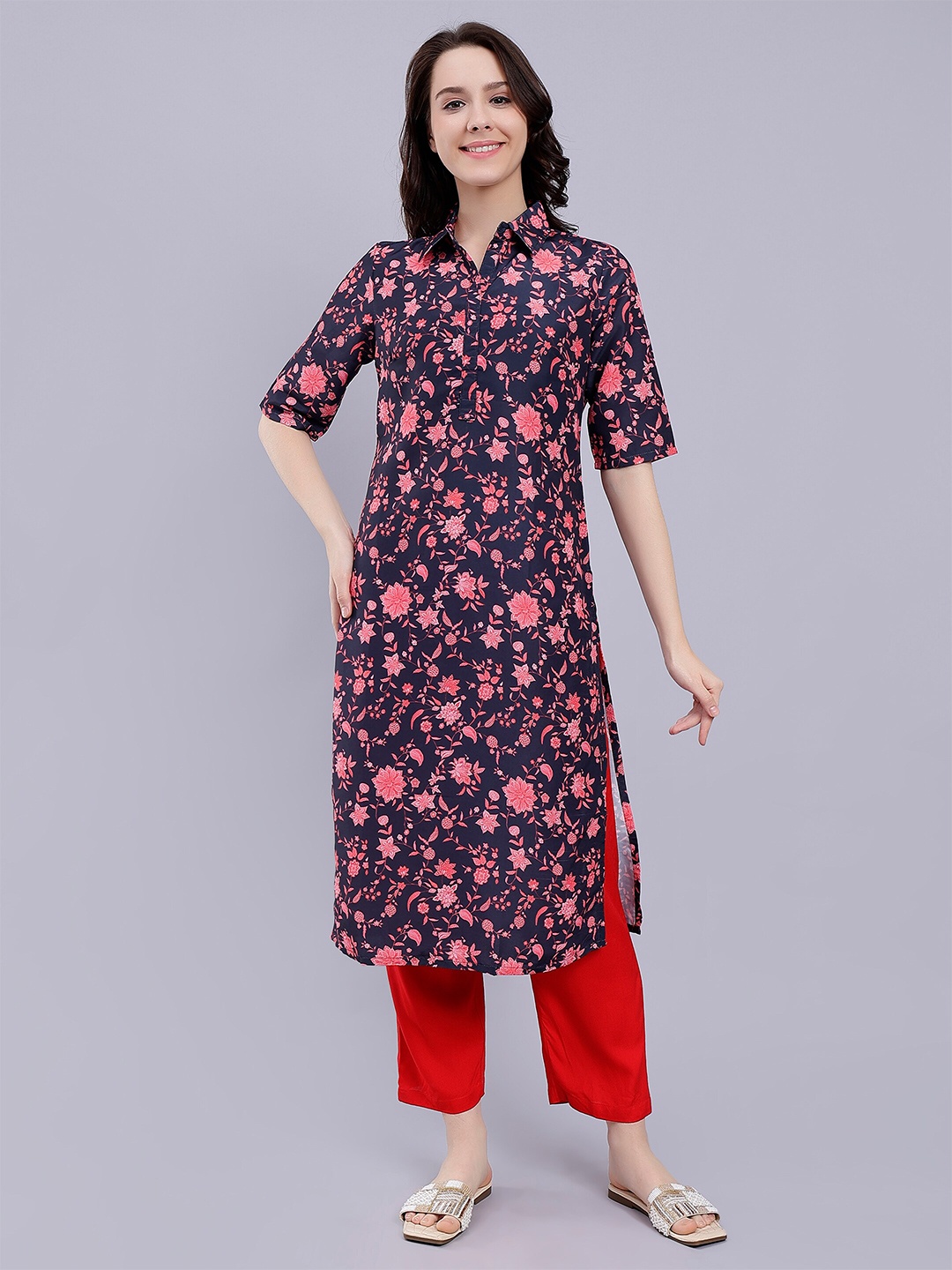 

soan Floral Printed Shirt Collar A-Line Kurta, Navy blue