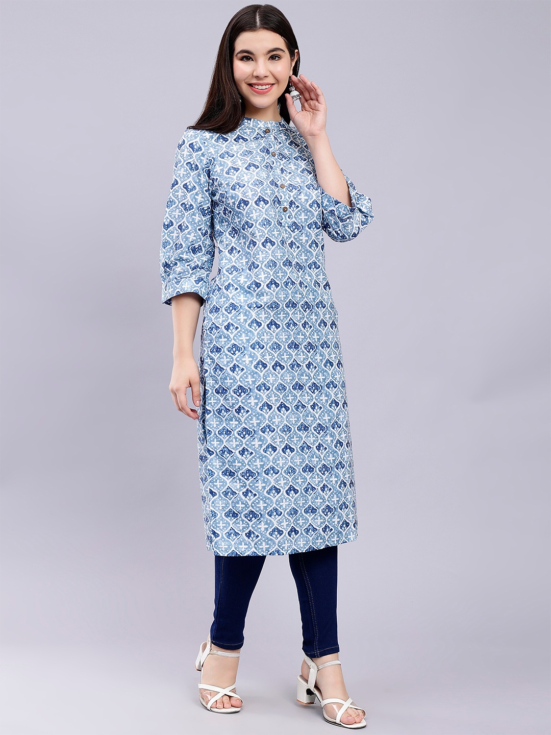 

soan Ethnic Motifs Printed Mandarin Collar Straight Kurta, Blue