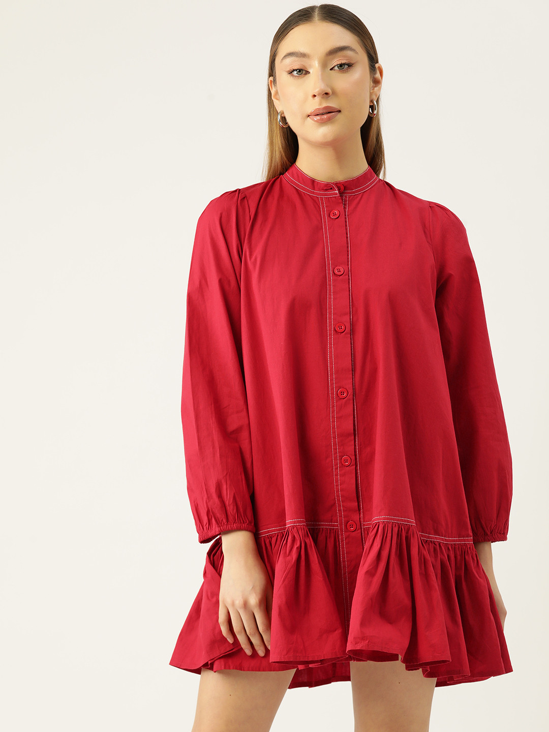 

Rue Collection Puff Sleeves Shirt Mini Dress, Red