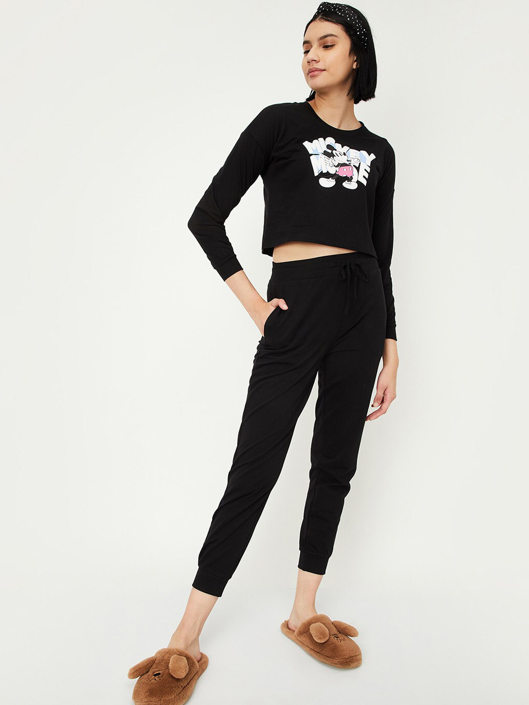 

max Mickey Mouse Printed Pure Cotton Night suit, Black