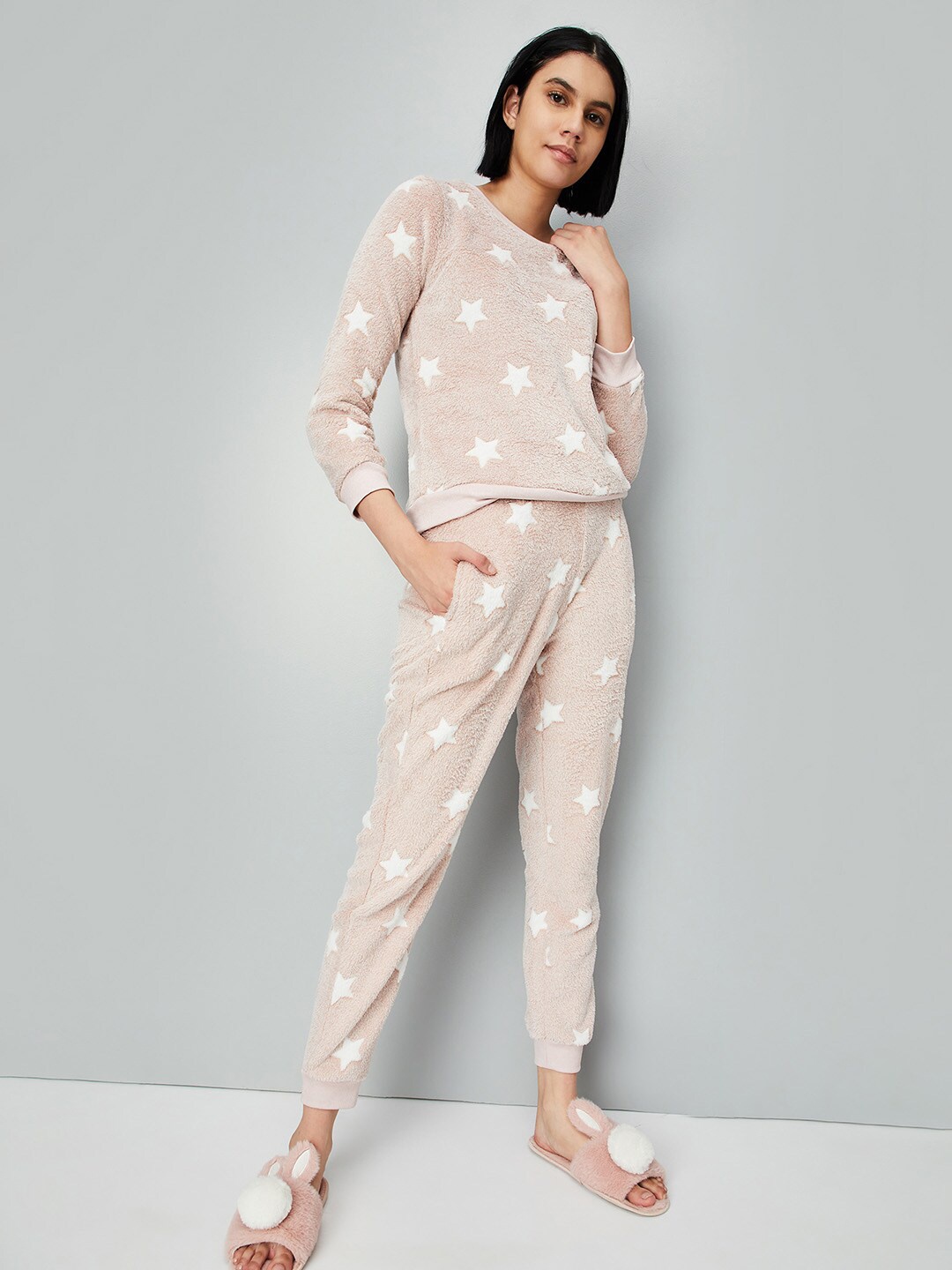 

max Conversational Printed Long Sleeves Night suit, Beige