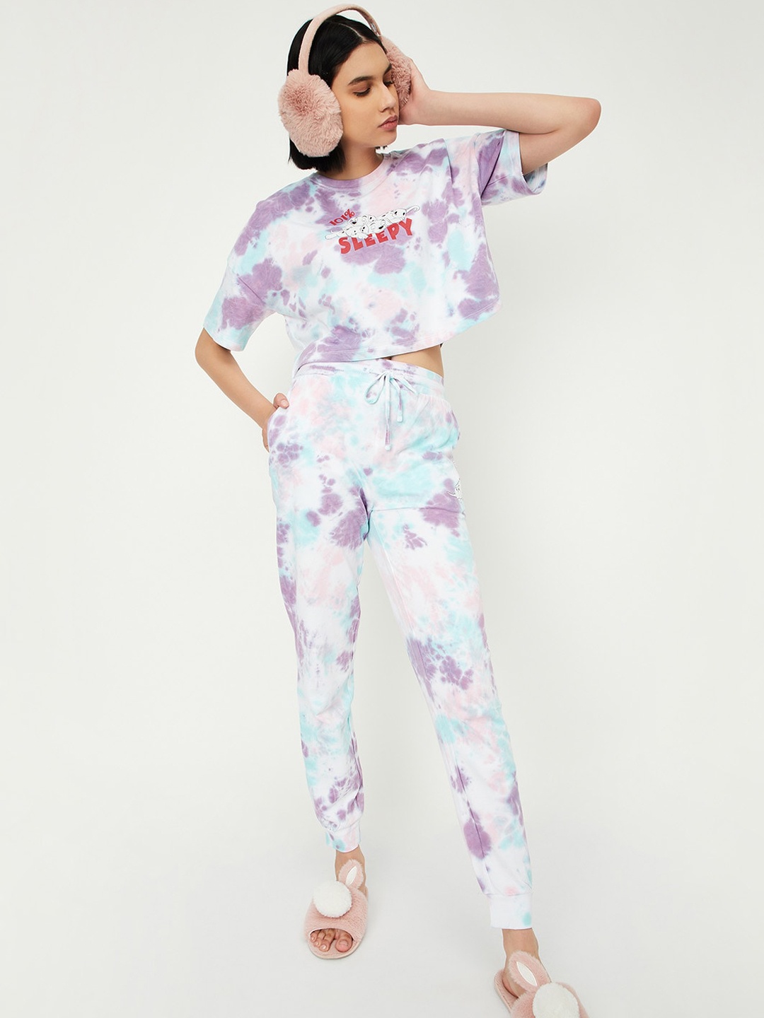 

max Tie and Dyed Pure Cotton Night suit, White
