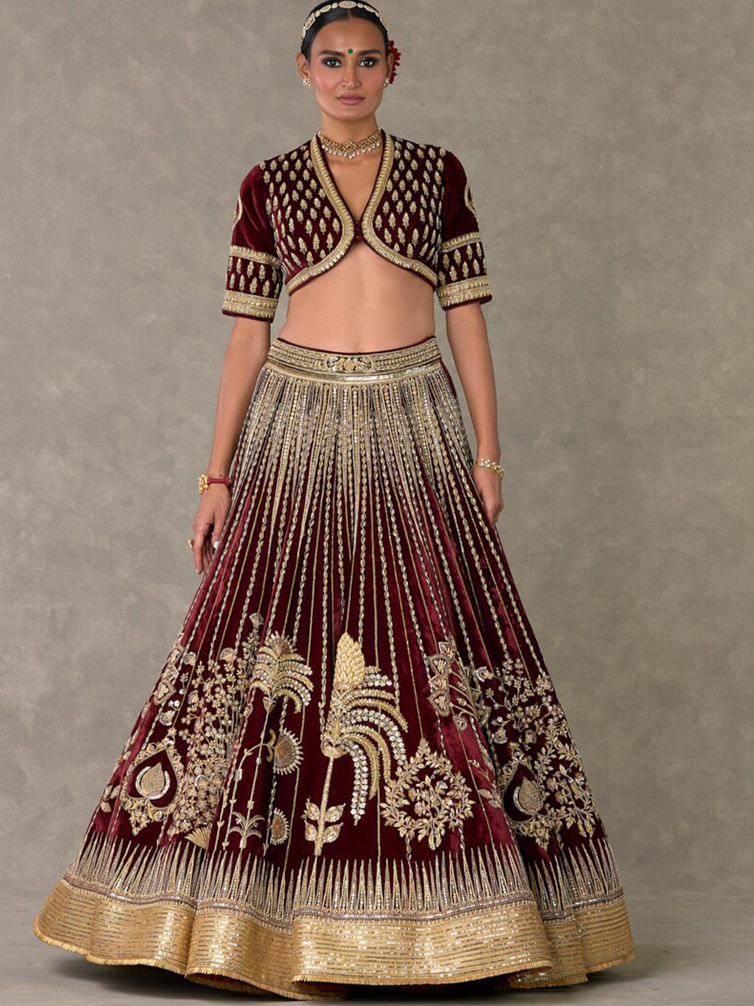 

Masaba Embellished V-Neck Thread Work Ready to Wear Lehenga & Blouse With Dupatta, Burgundy