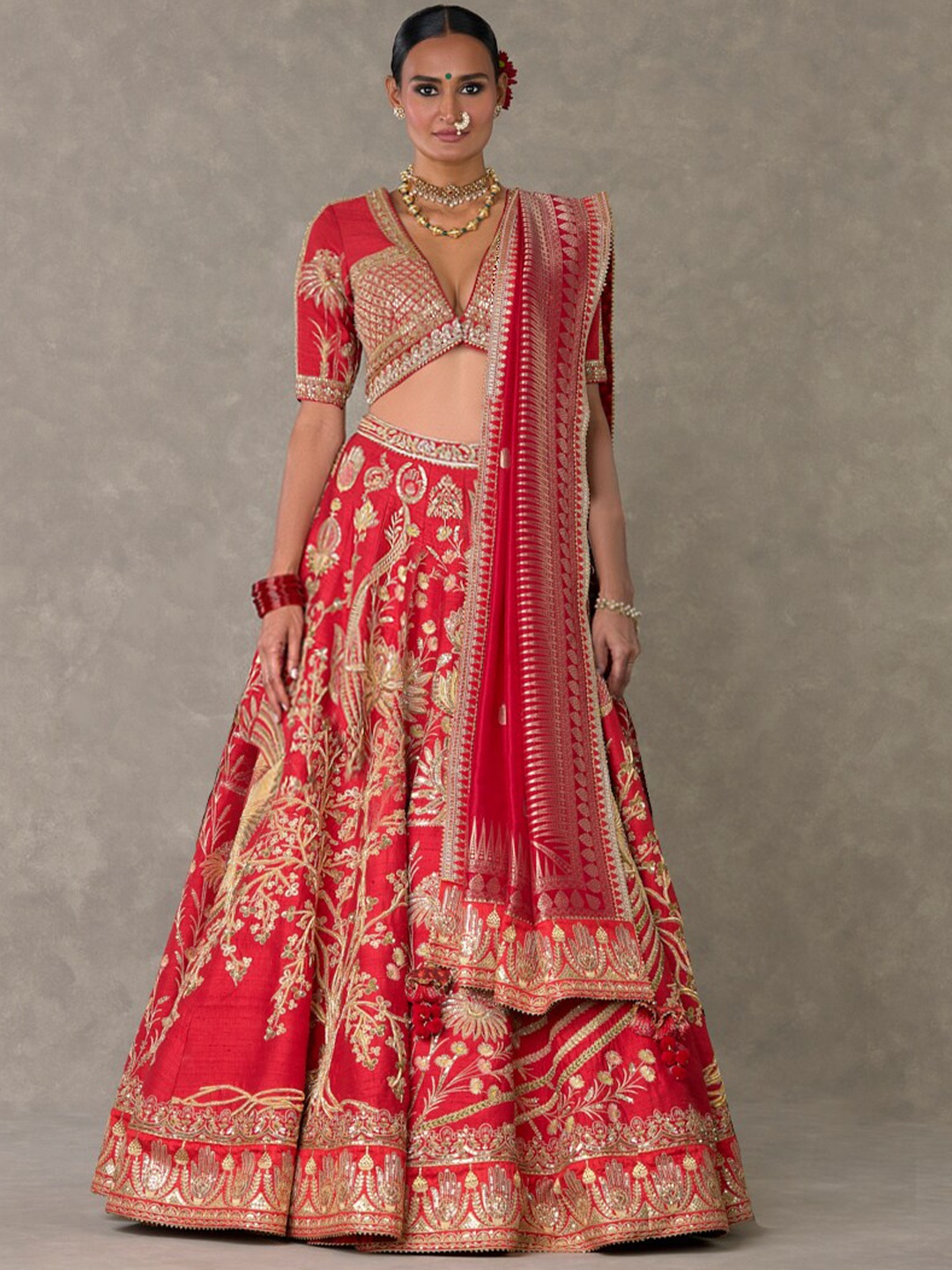 

Masaba Embroidered Thread Work Ready to Wear Lehenga & Blouse With Dupatta, Red