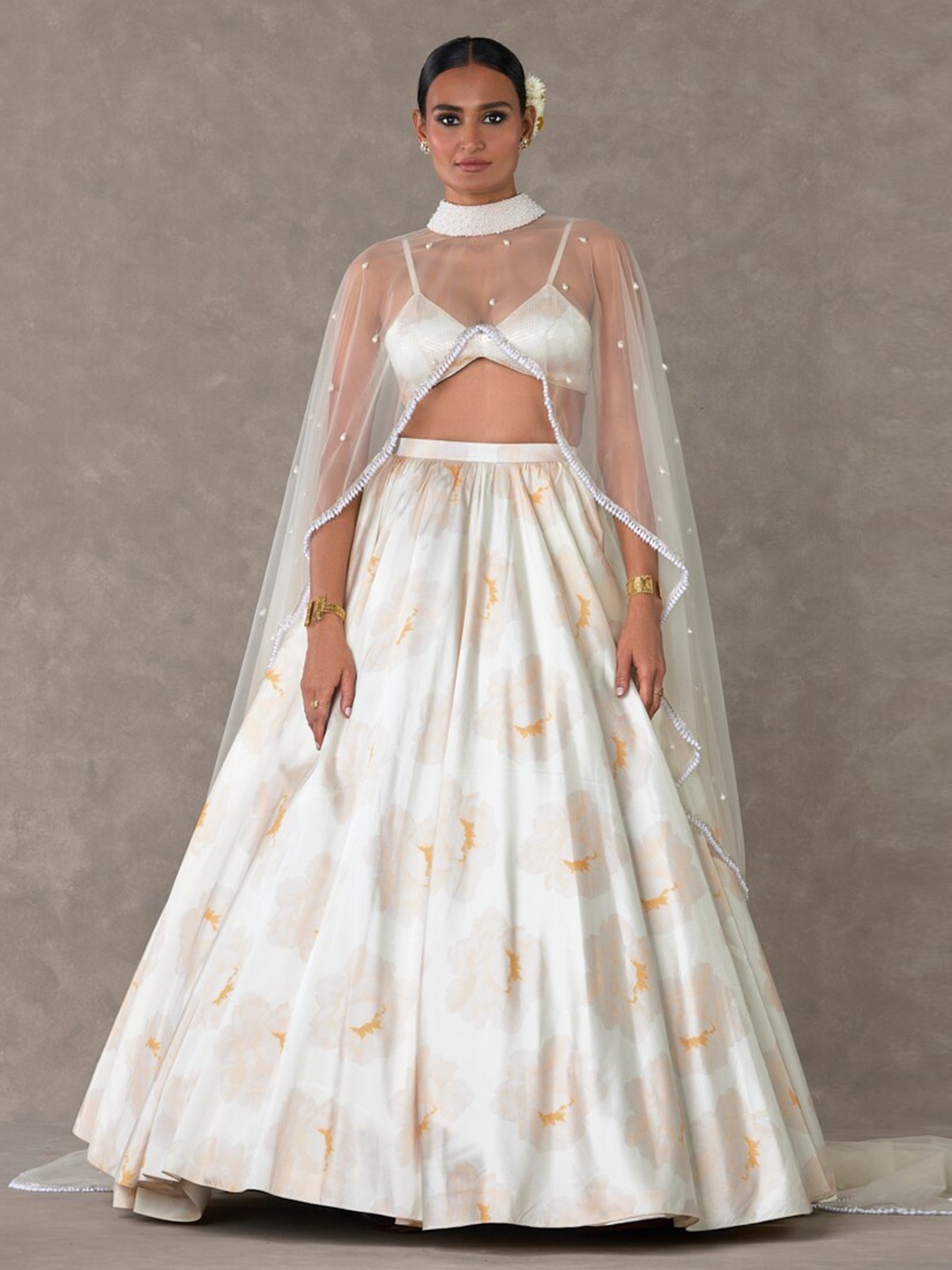 

Masaba Embellished Beads and Stones Detail Ready to Wear Lehenga & Blouse With Dupatta, White