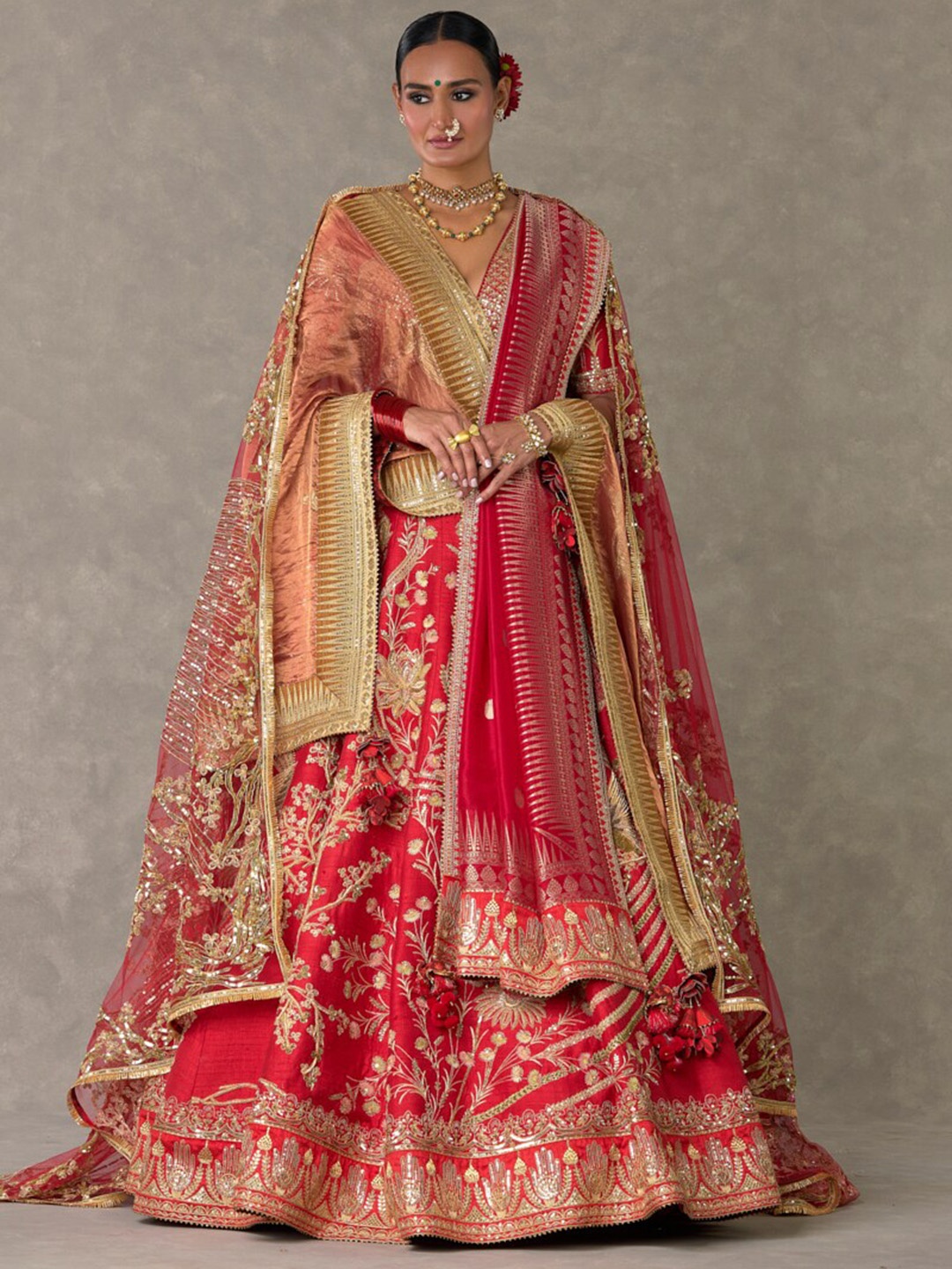 

Masaba Embellished V-Nek Thread Work Ready to Wear Lehenga & Blouse With Dupatta, Red