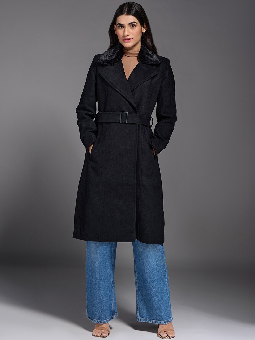 

20Dresses Double-Breasted Longline Wool Acrylic Overcoat With Belt, Black