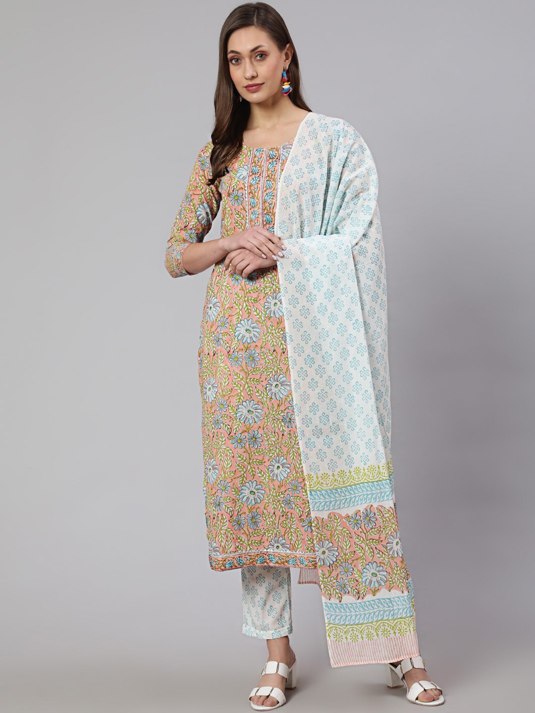 

GLAM ROOTS Floral Printed Pure Cotton Regular Kurta with Pyjamas & Dupatta, Orange