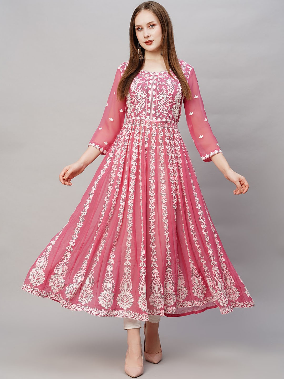 

KALINI Ethnic Motifs Embroidered Chikankari Anarkali Kurta, Pink