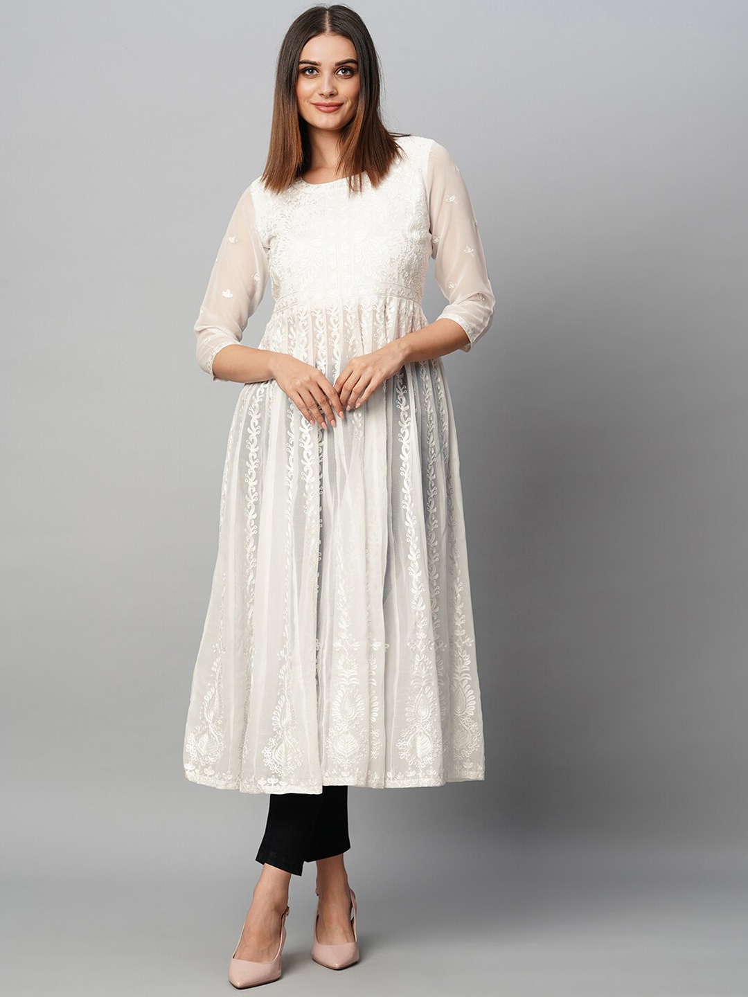 

KALINI Floral Embroidered Round Neck Chikankari Anarkali Kurta, White