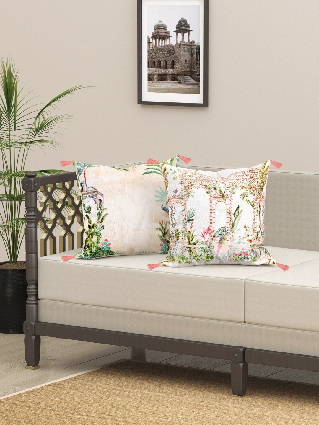 

EverHOME White & Green 2 Pieces Ethnic Motifs Velvet Square Cushion Covers