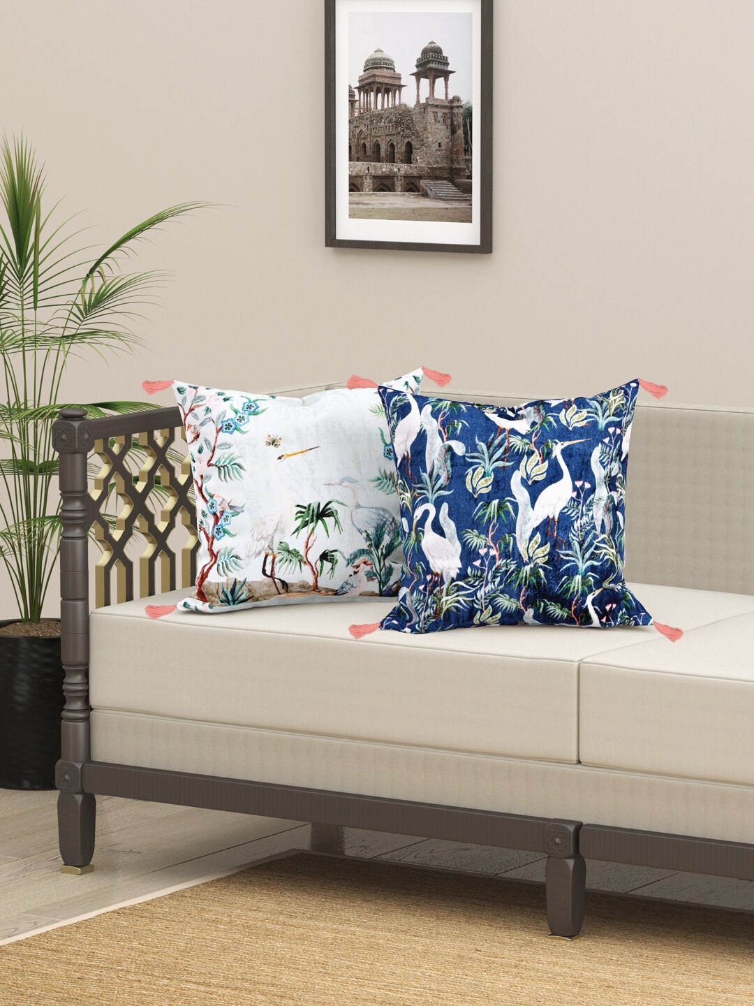 

EverHOME White & Blue 2 Pieces Floral Velvet Square Cushion Covers