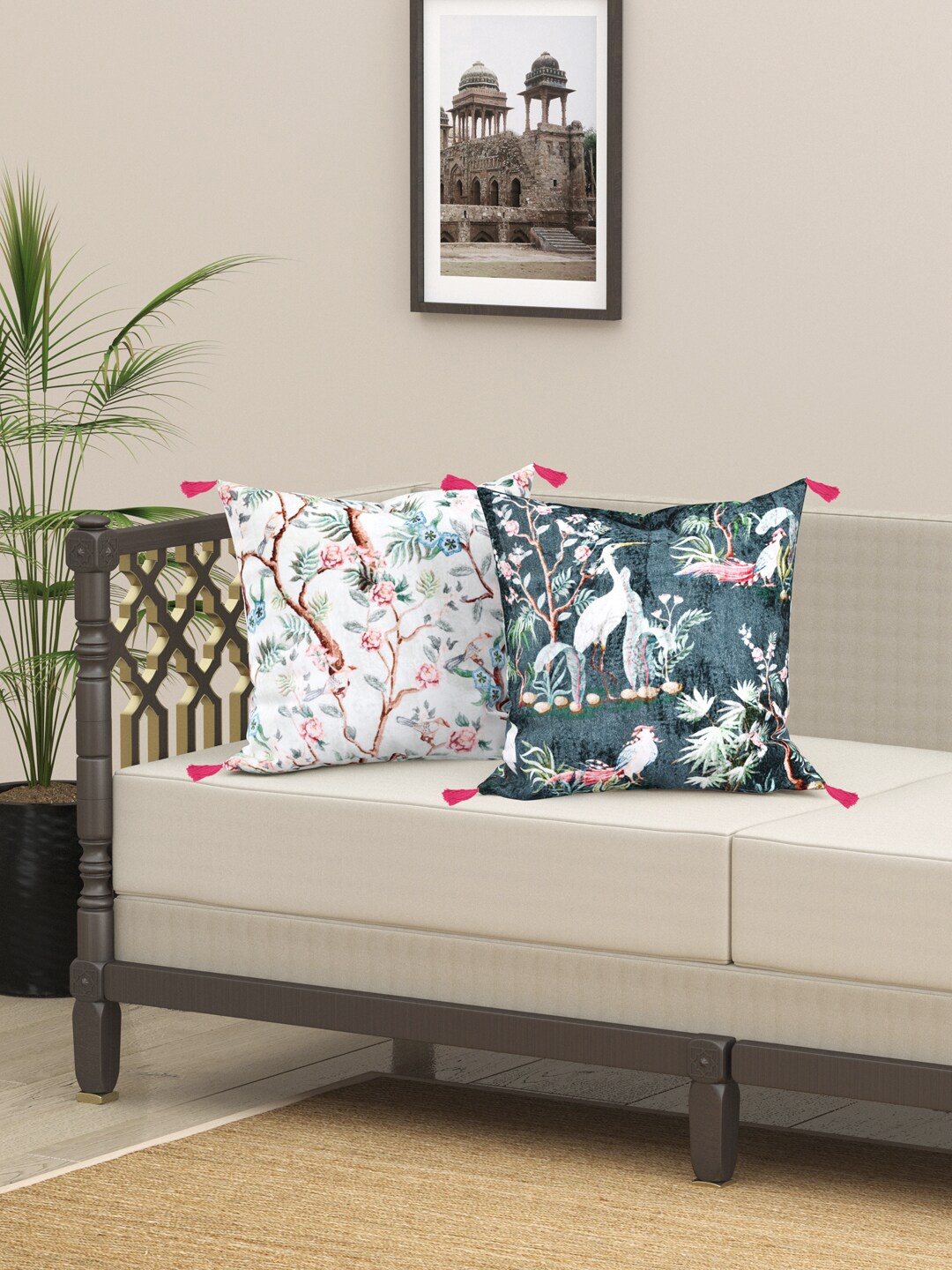 

EverHOME Pink & White 2 Pieces Floral Velvet Square Cushion Covers