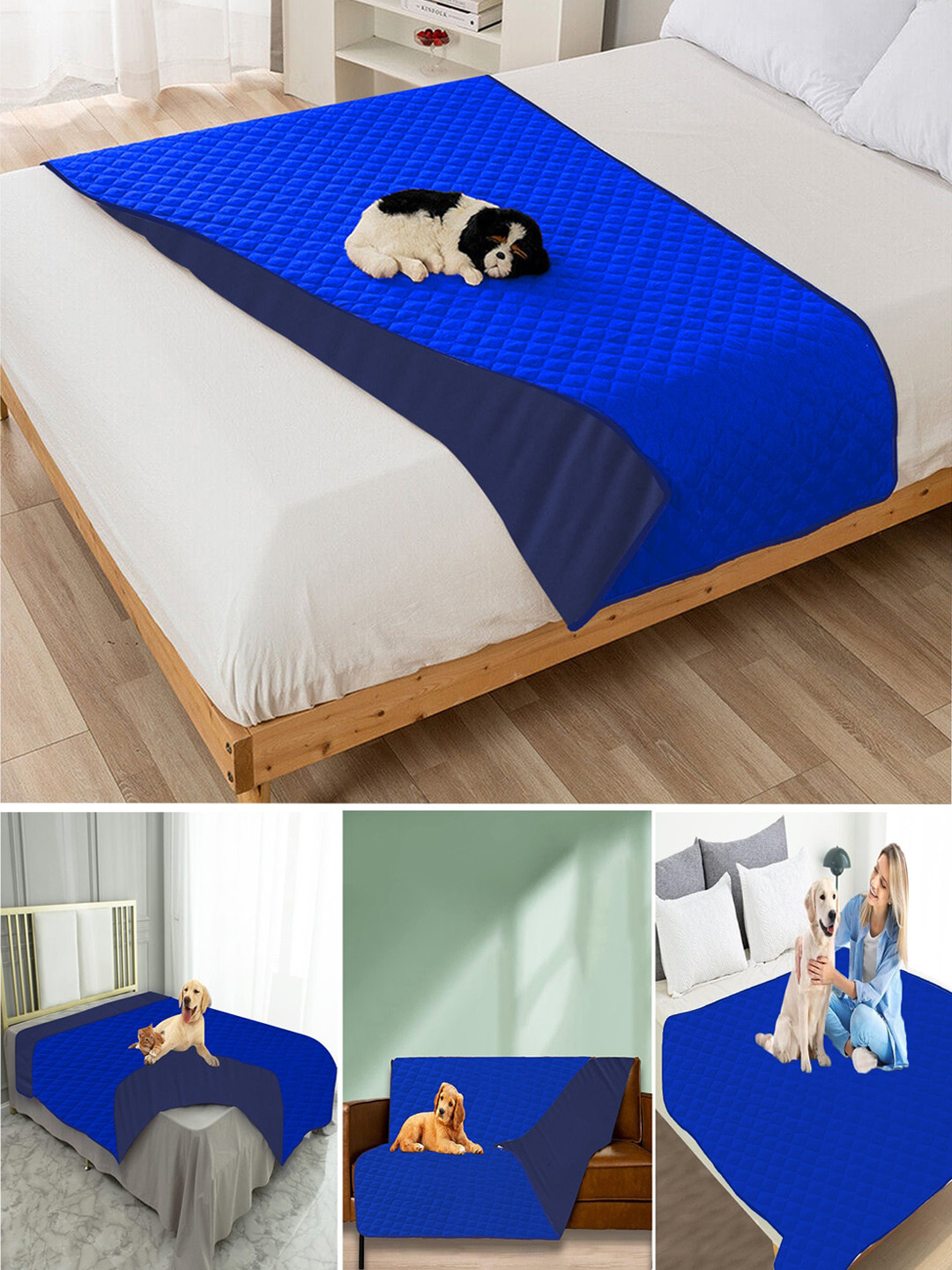 

Adbeni Blue Quilted Cotton Waterproof Rectangle Dog Bed Mat