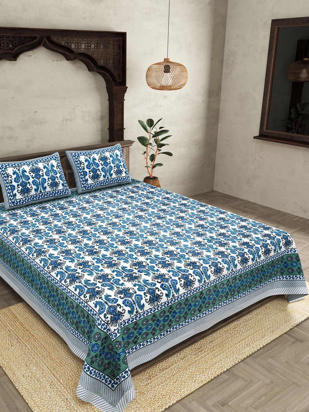 

JAIPUR FABRIC Blue White Ethnic Motifs Cotton 250 TC King Bedsheet With 2 Pillow Covers
