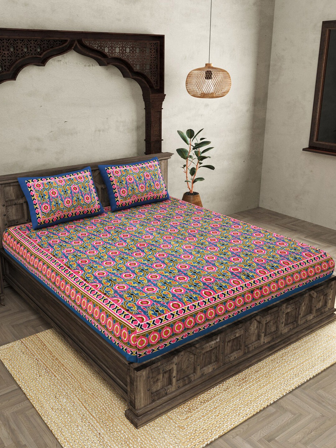 

JAIPUR FABRIC Pink Blue Ethnic Motifs Cotton 250 TC King Bedsheet With 2 Pillow Covers