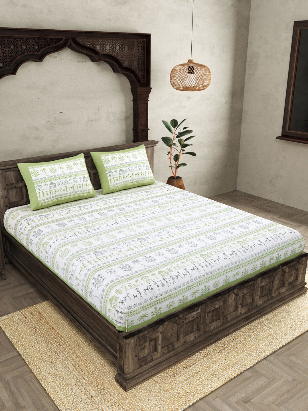 

JAIPUR FABRIC Green White Ethnic Motifs Cotton 250 TC King Bedsheet With 2 Pillow Covers