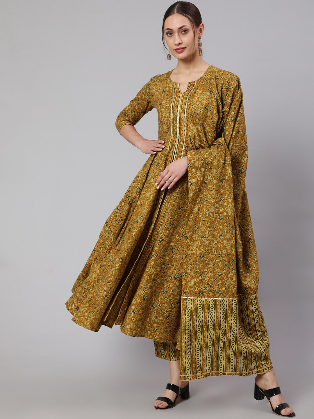 

GLAM ROOTS Ethnic Motifs Printed Pure Cotton Kurta with Trousers & Dupatta, Mustard