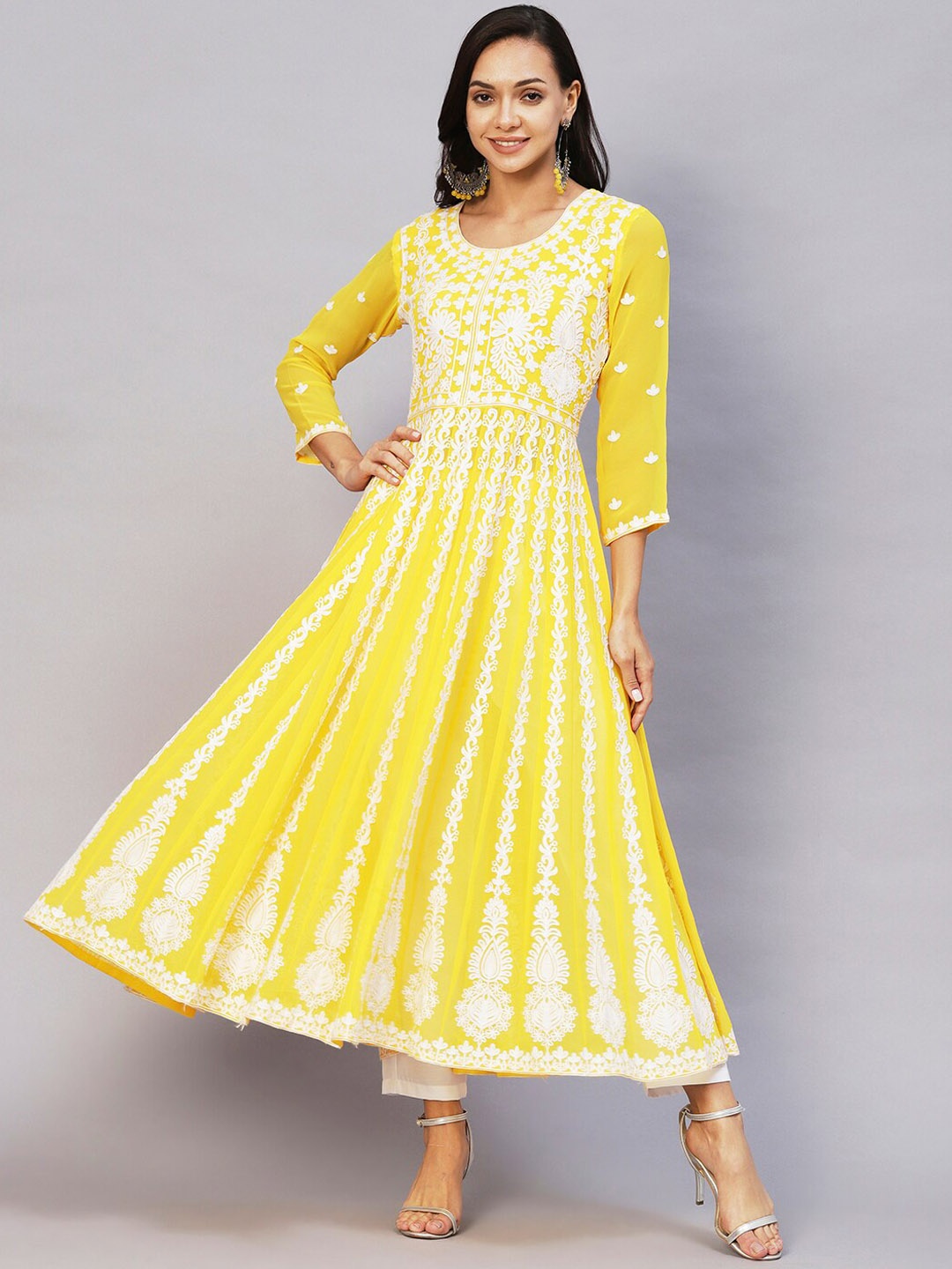 

KALINI Ethnic Motifs Embroidered Chikankari Anarkali Kurta, Yellow