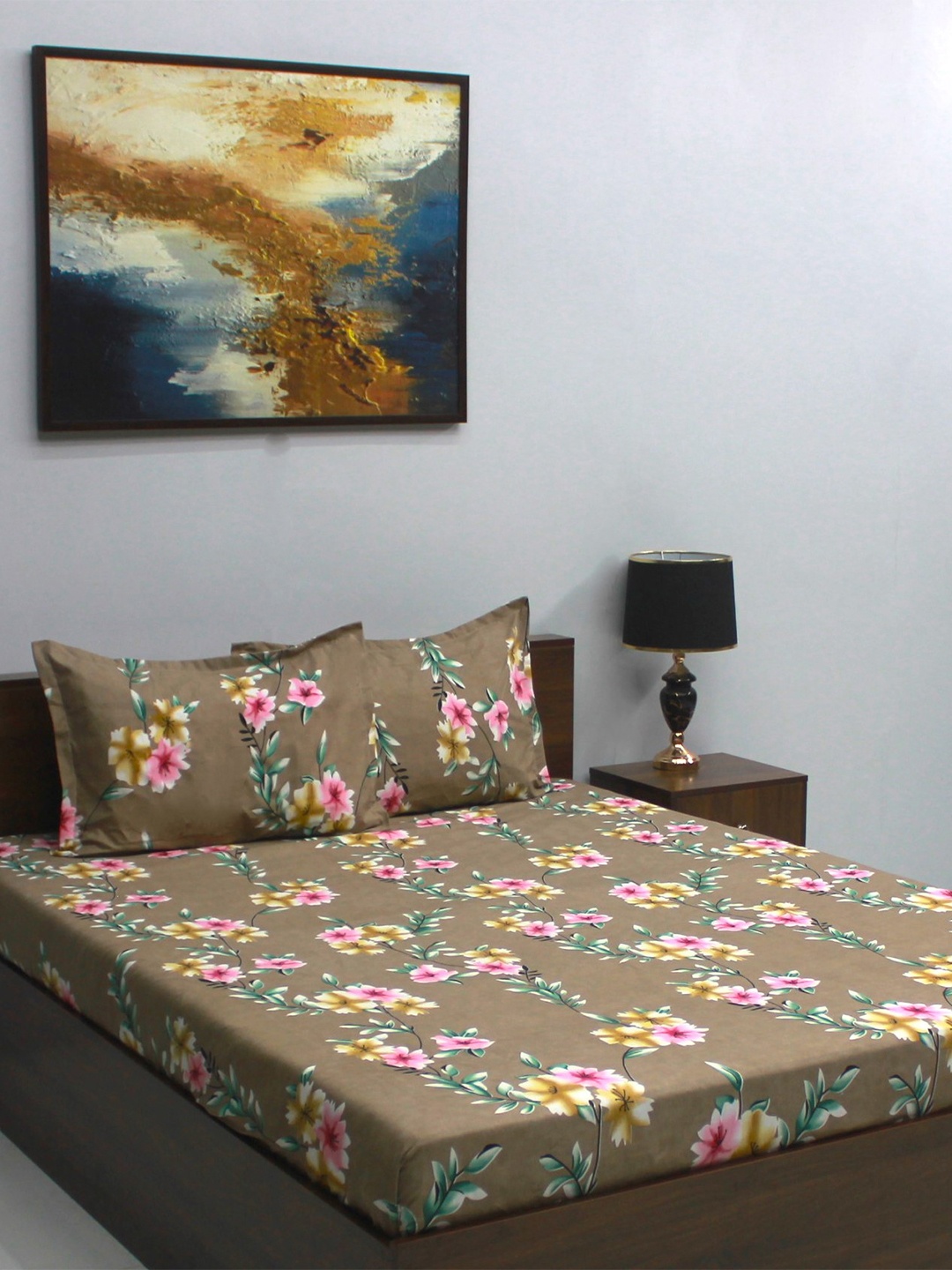 

BOMBAY DYEING Mimosa Brown Floral 160 TC Queen Bedsheet with 2 Pillow Covers