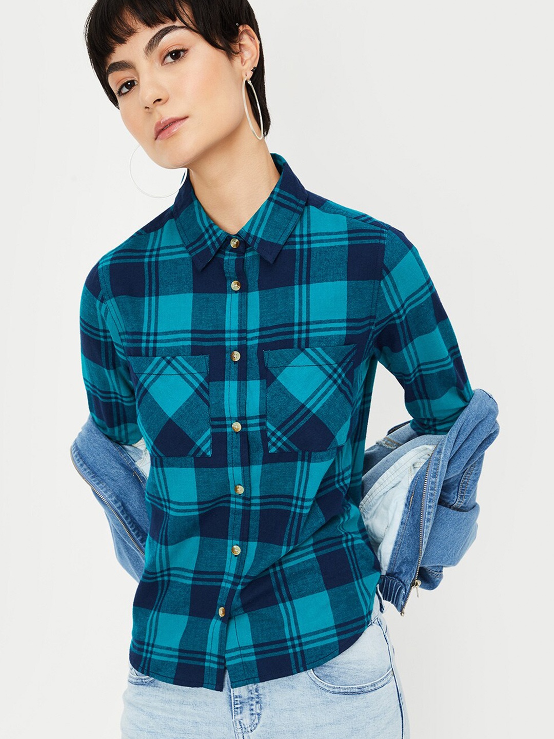 

max Tartan Checked Pure Cotton Casual Shirt, Blue