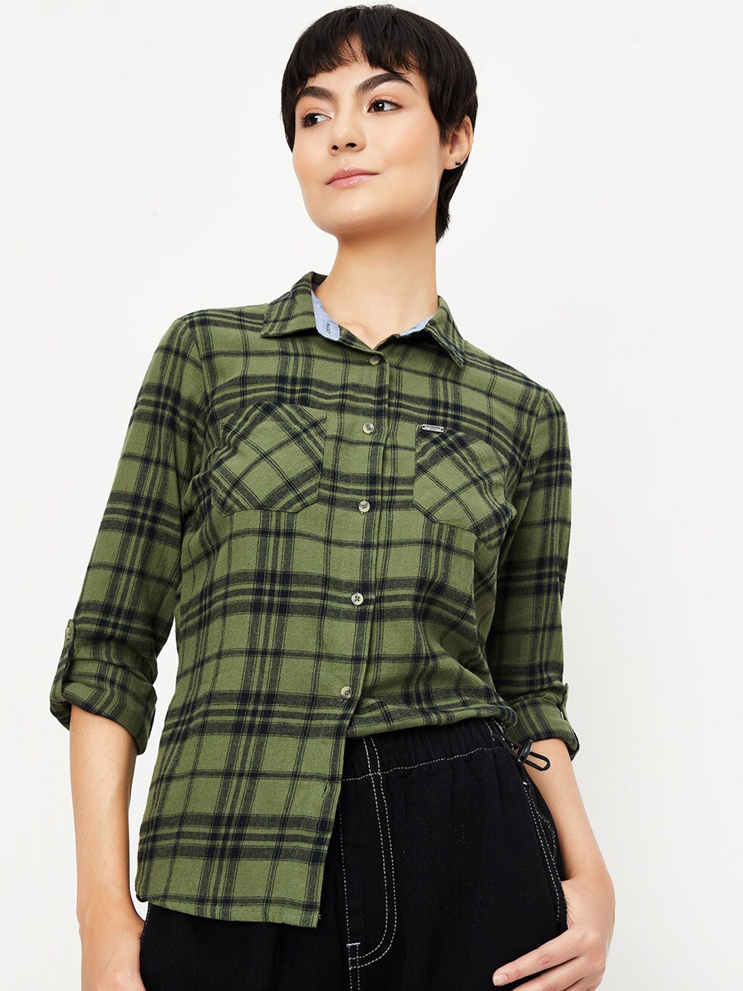 

max Tartan Checks Cotton Casual Shirt, Olive