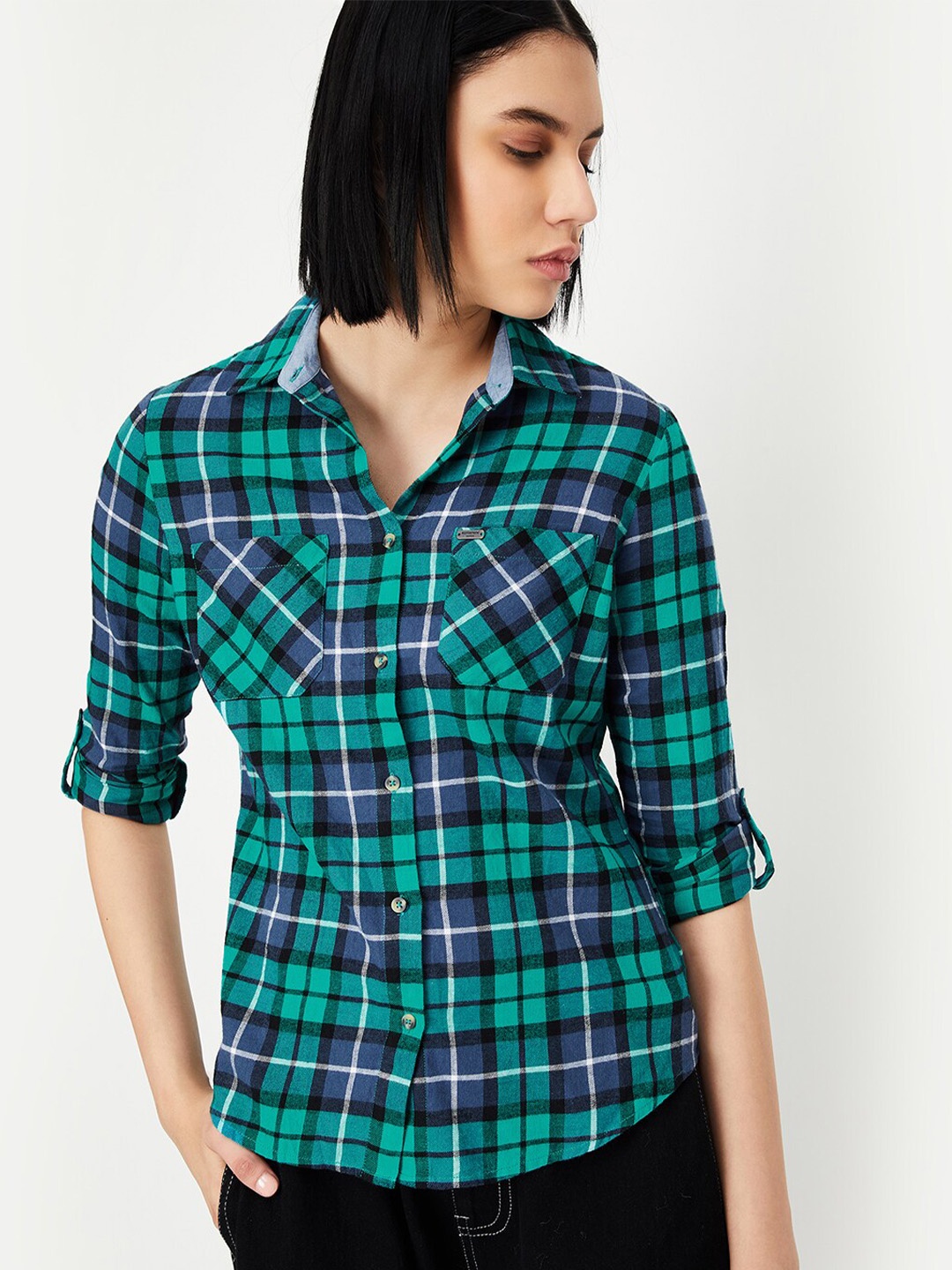 

max Tartan Checks Cotton Casual Shirt, Green