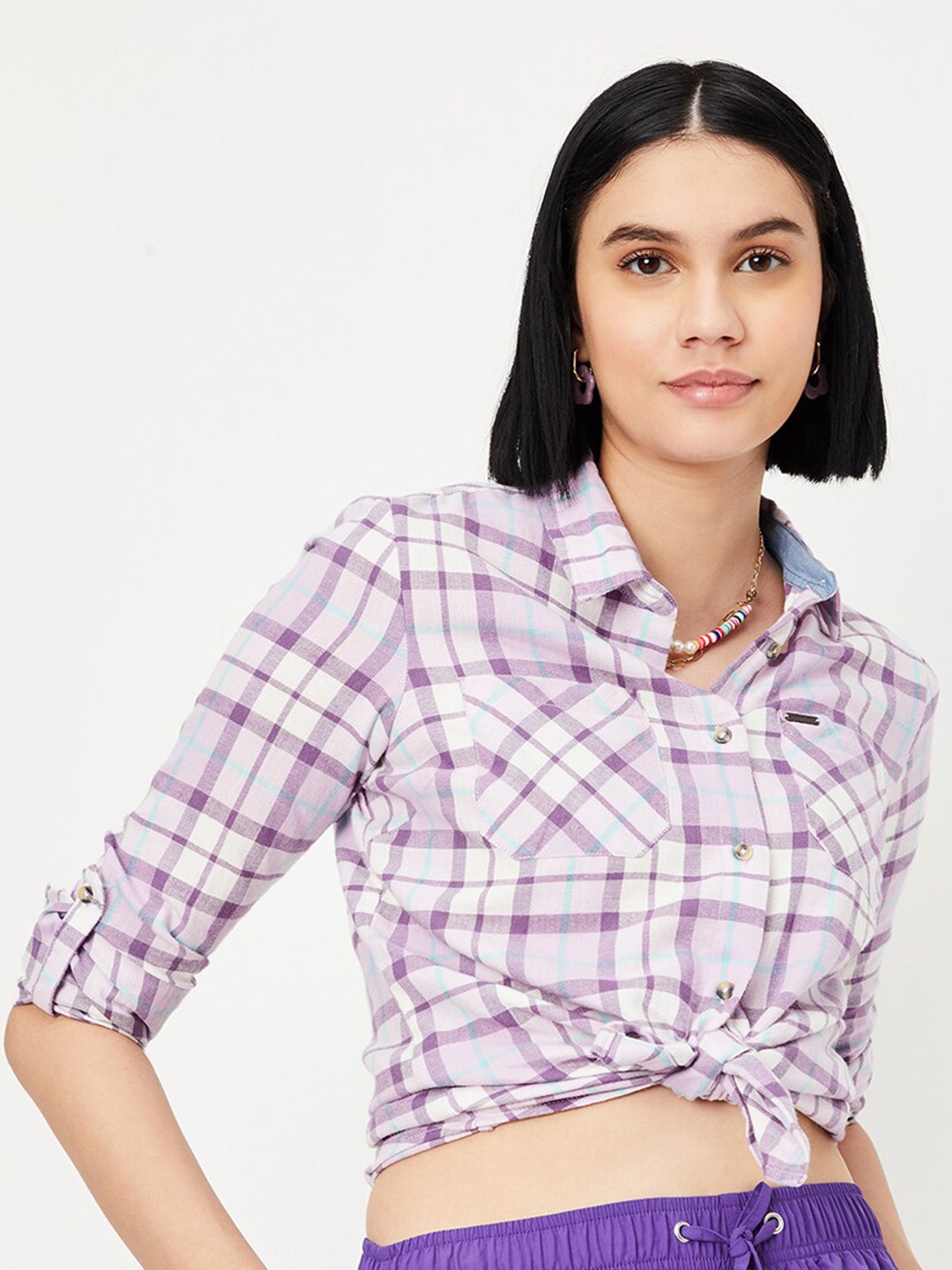 

max Tartan Checked Roll-Up Sleeves Pure Cotton Casual Shirt, Purple
