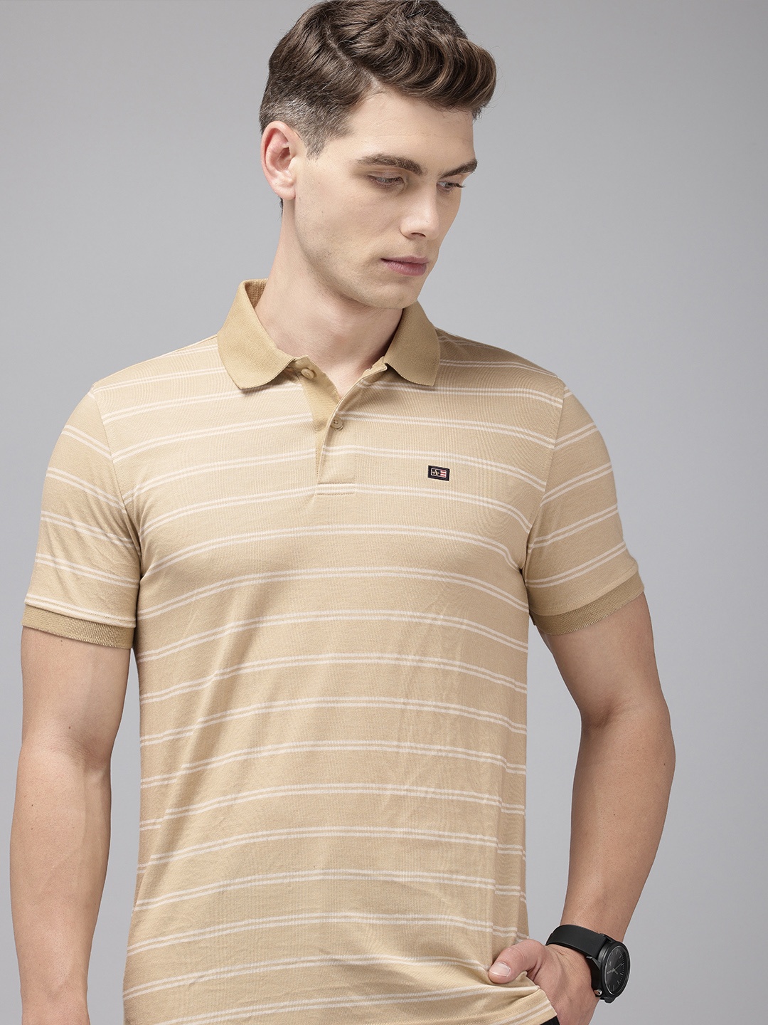 

Arrow Striped Sport Polo Collar T-shirt, Beige