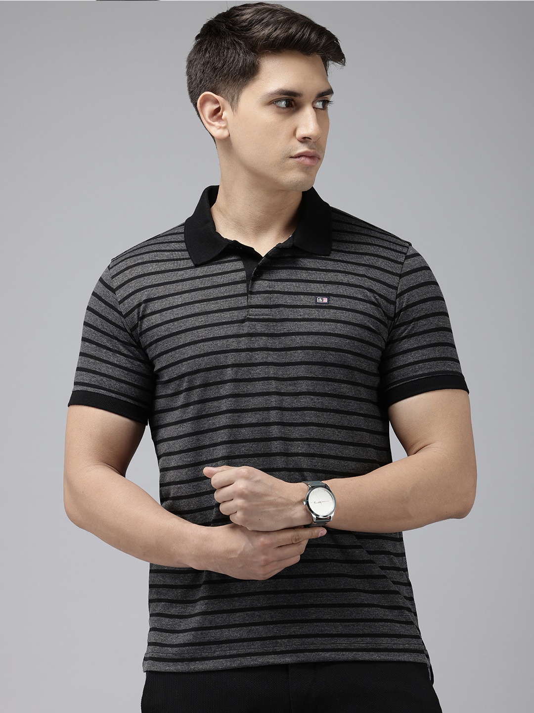 

Arrow Striped Polo Collar T-shirt, Grey