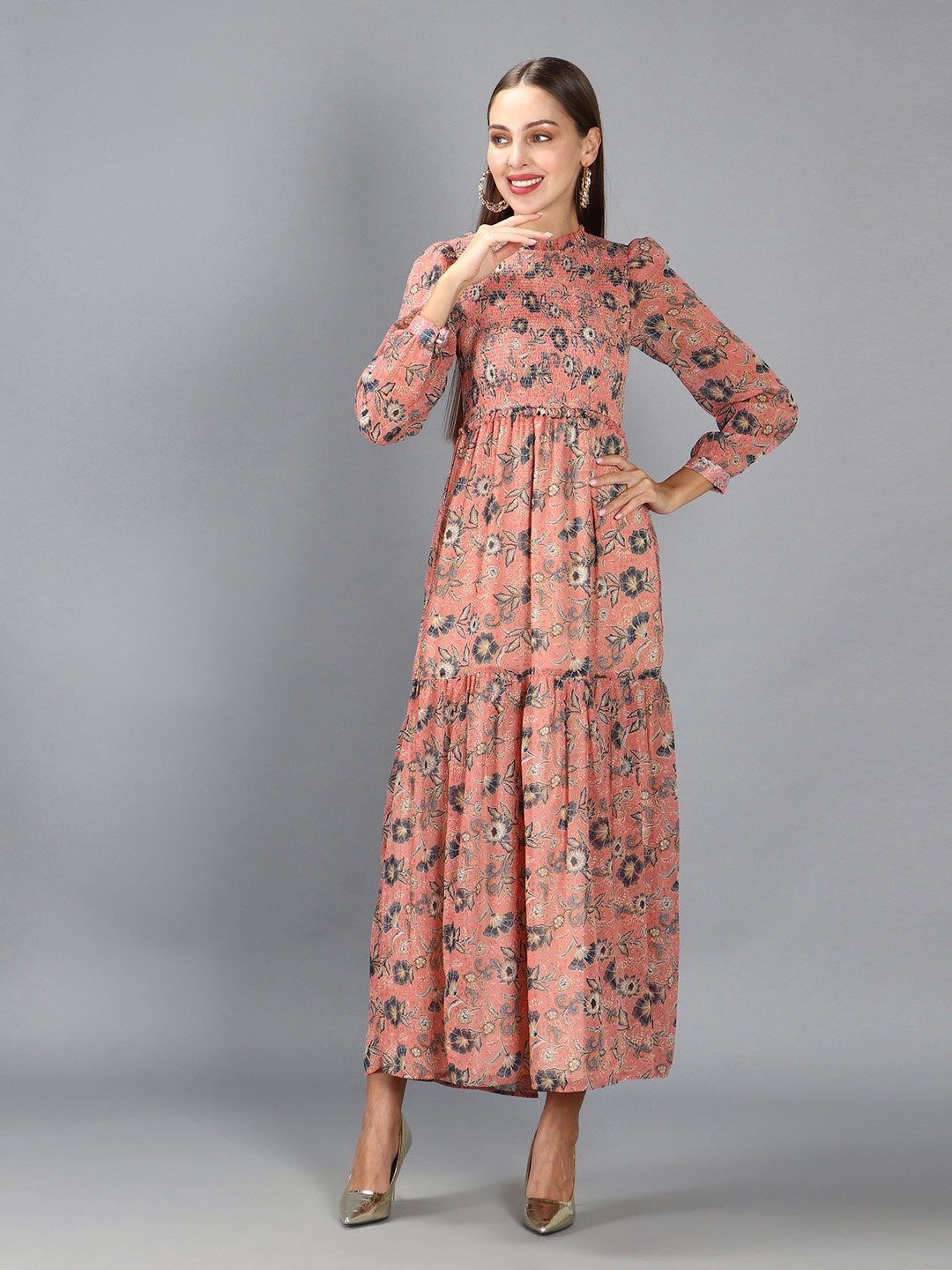

DEBONATELLA Floral Printed Smocked Georgette Maxi Dress, Peach