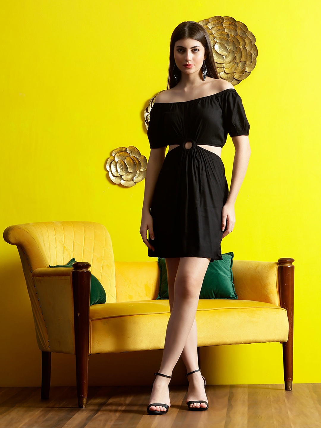 

DEBONATELLA Off-Shoulder Puff Sleeves Cut-Out A-Line Dress, Black