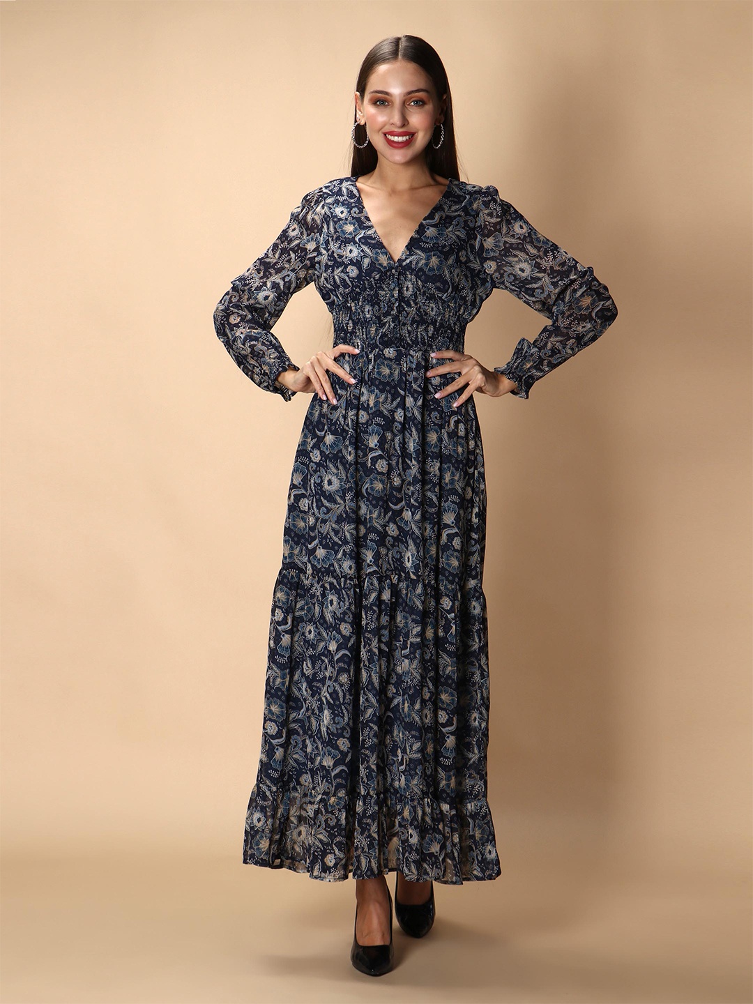 

DEBONATELLA Floral Printed Smocked Georgette Maxi Dress, Navy blue