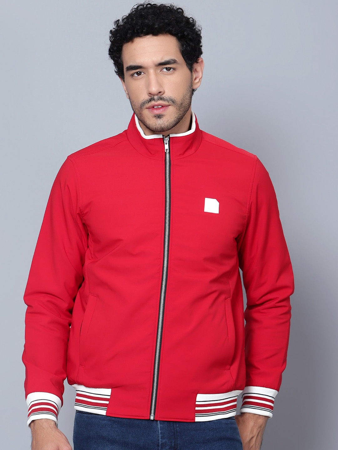 

Trenz Mock Collar Long Sleeves Bomber Jacket, Red