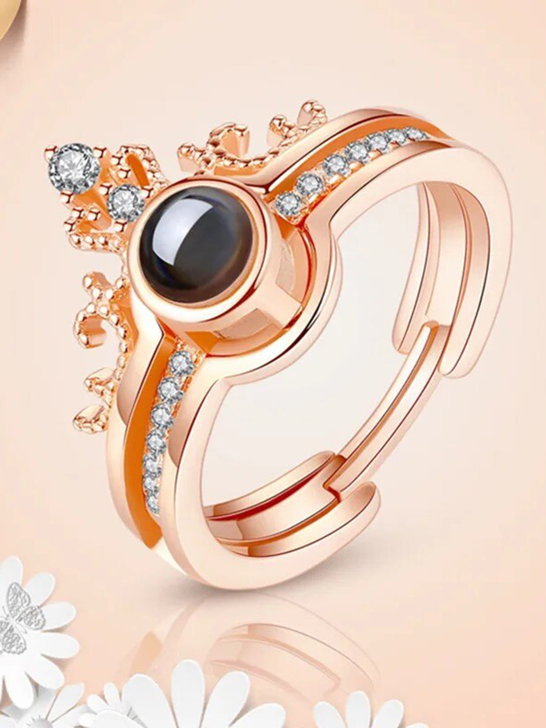 

Vembley Rose Gold-Plated Stone-Studded Adjustable Finger Ring