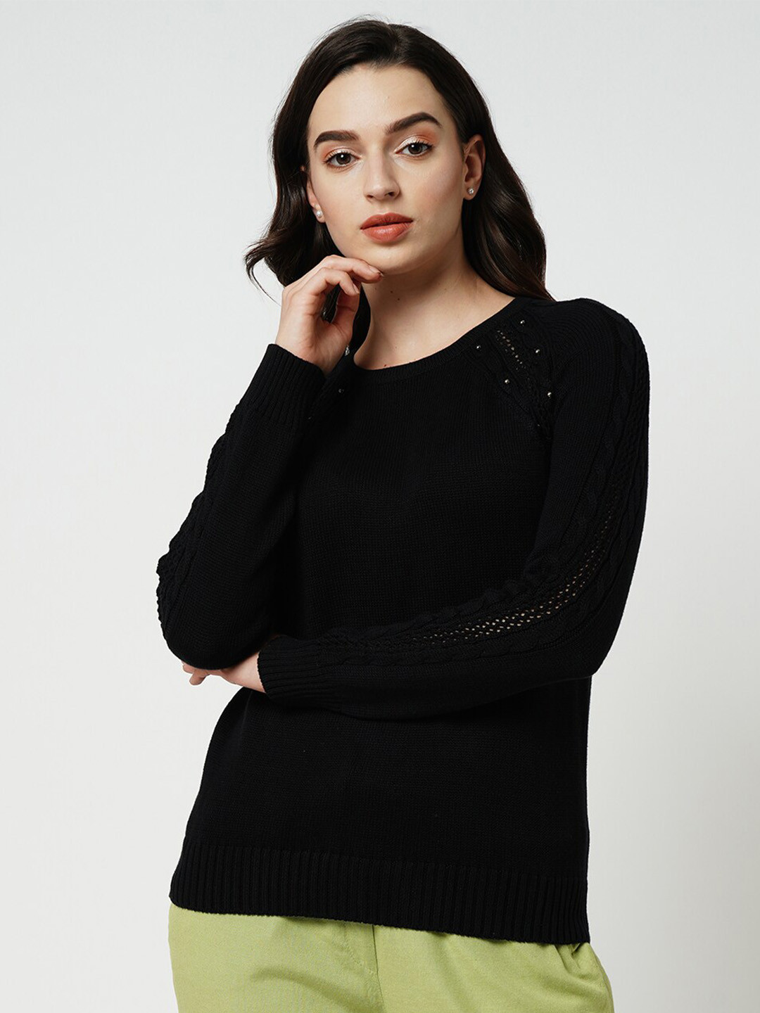 

ONLY Embellished Detail Pure Cotton Pullover Sweater, Black